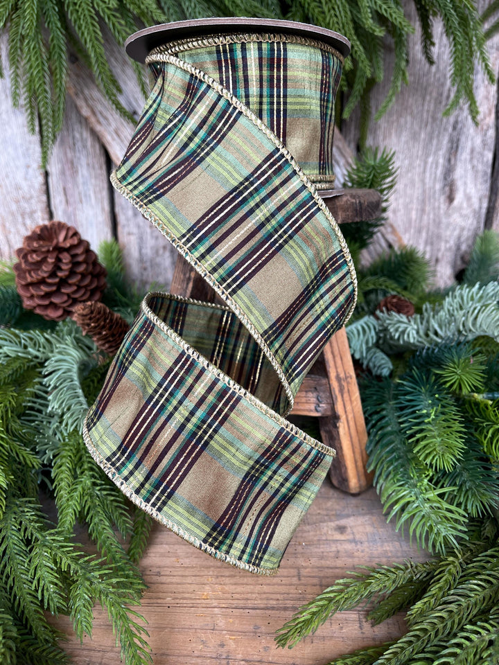 2.5" Green Moss Christmas Plaid, Woodsy Christmas Ribbon, Christmas Plaid Ribbon