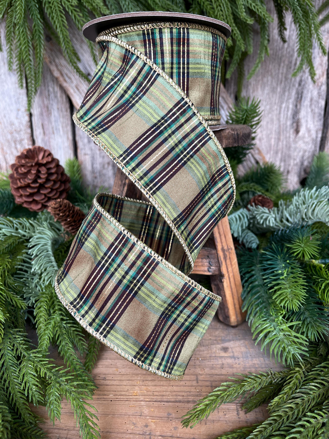 2.5" Green Moss Christmas Plaid, Woodsy Christmas Ribbon, Christmas Plaid Ribbon, Moss and Gold Plaid, Wired Ribbon, Green Plaid Ribbon