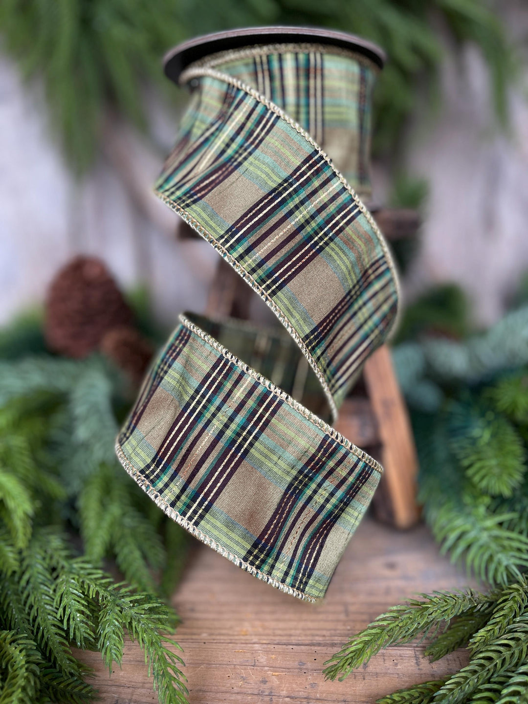 2.5" Green Moss Christmas Plaid, Woodsy Christmas Ribbon, Christmas Plaid Ribbon
