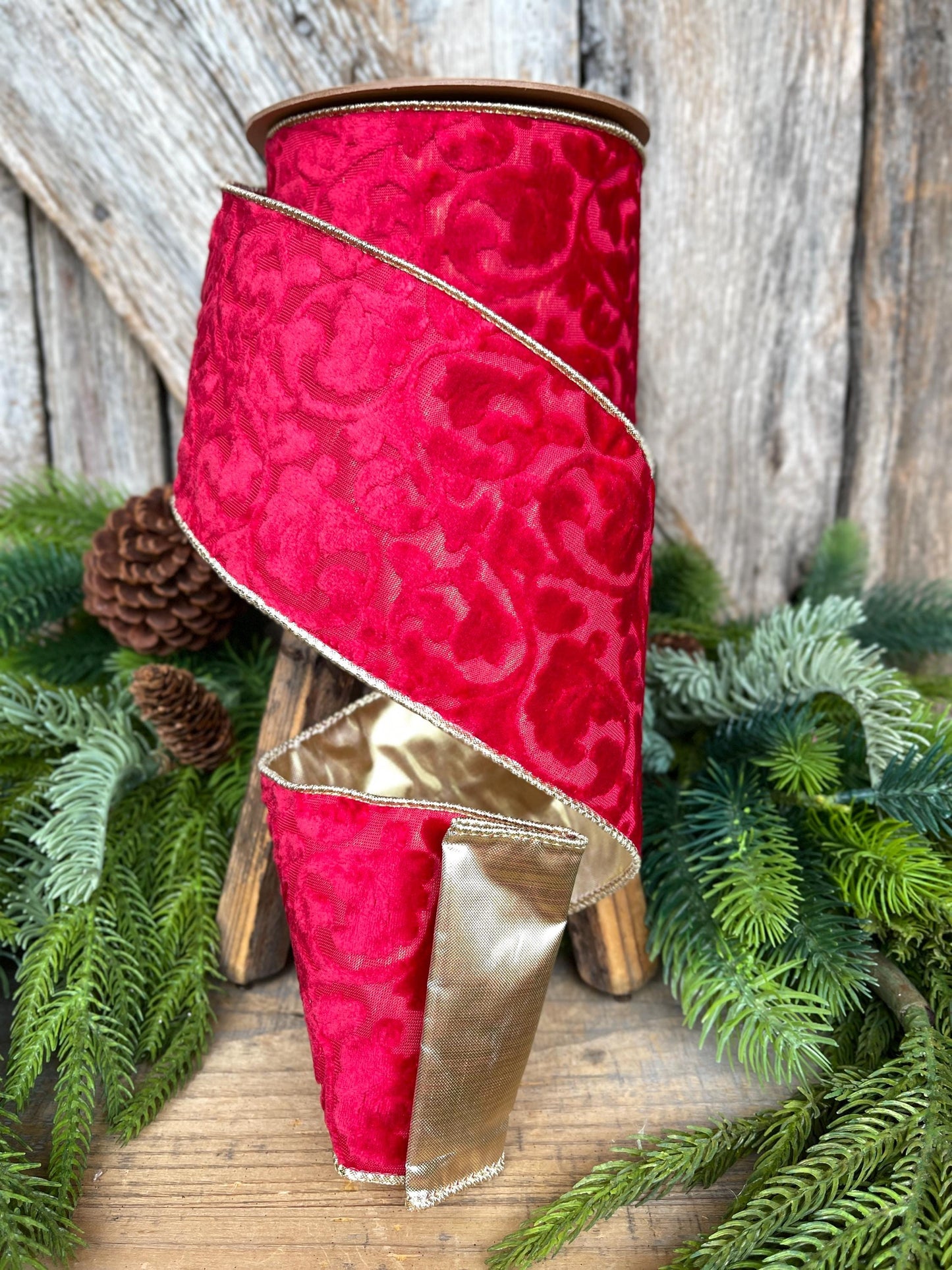 4" Red Embossed Velvet Ribbon, Christmas Ribbon, Red Velvet Ribbon