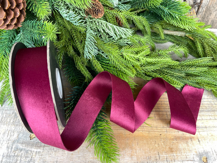 1.5" Burgundy Velvet Ribbon, Double Faced Velvet Ribbon, Unwired Velvet Ribbon