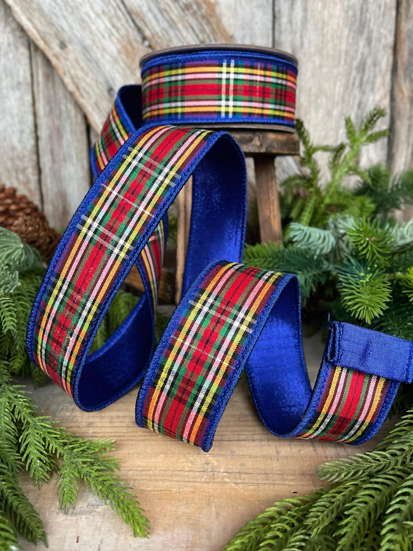 1.5" Blue Caroler Plaid RIbbon, Farrisilk Ribbon, Traditional Plaid RIbbon