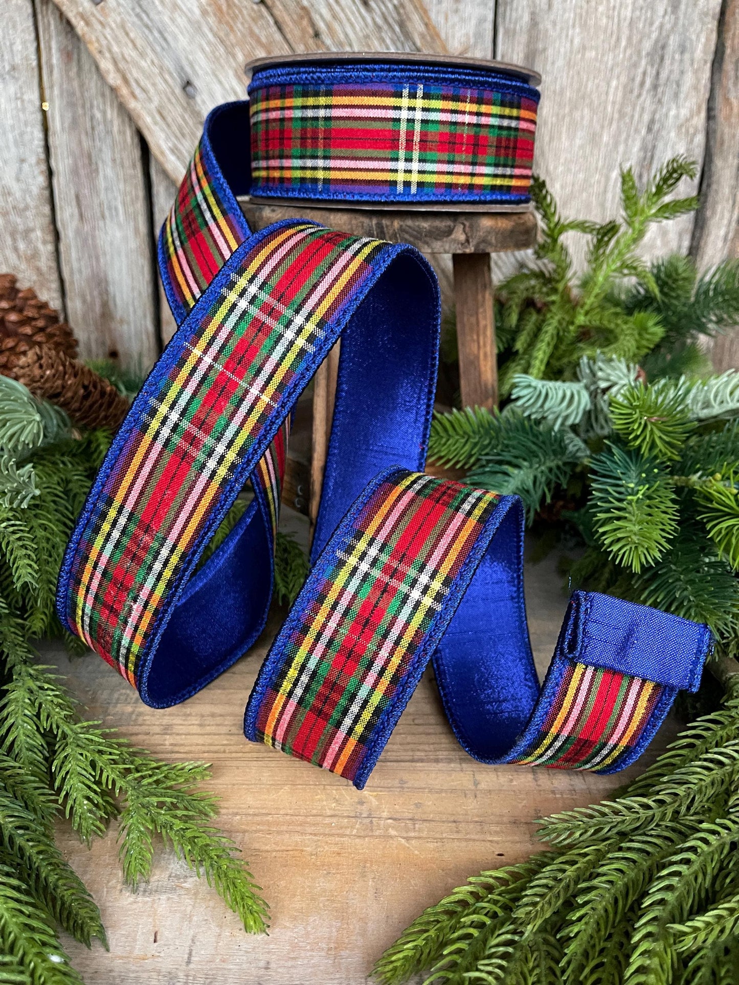 1.5" Blue Caroler Plaid RIbbon, Farrisilk Ribbon, Traditional Plaid RIbbon