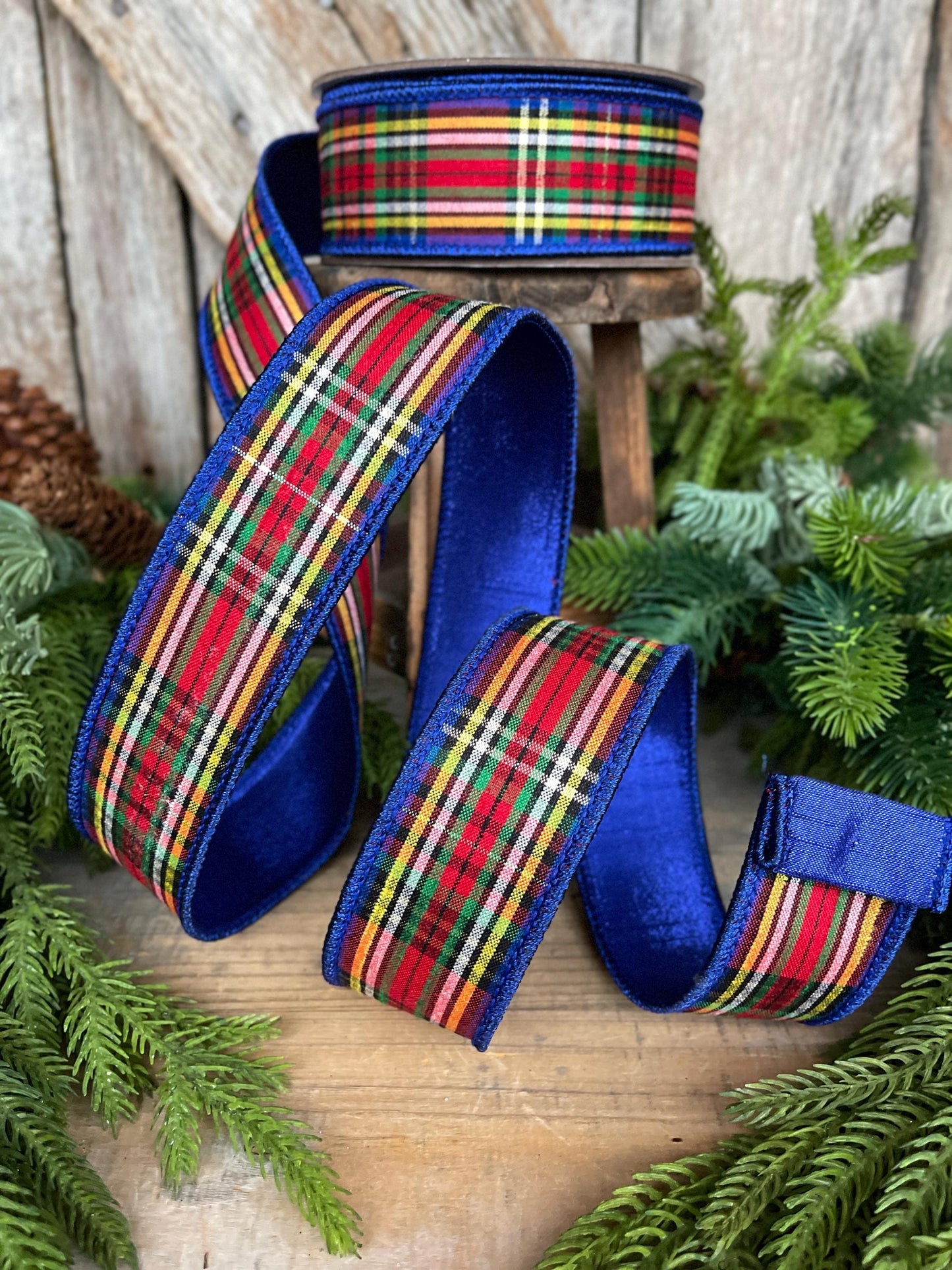 1.5" Blue Caroler Plaid RIbbon, Farrisilk Ribbon, Traditional Plaid RIbbon