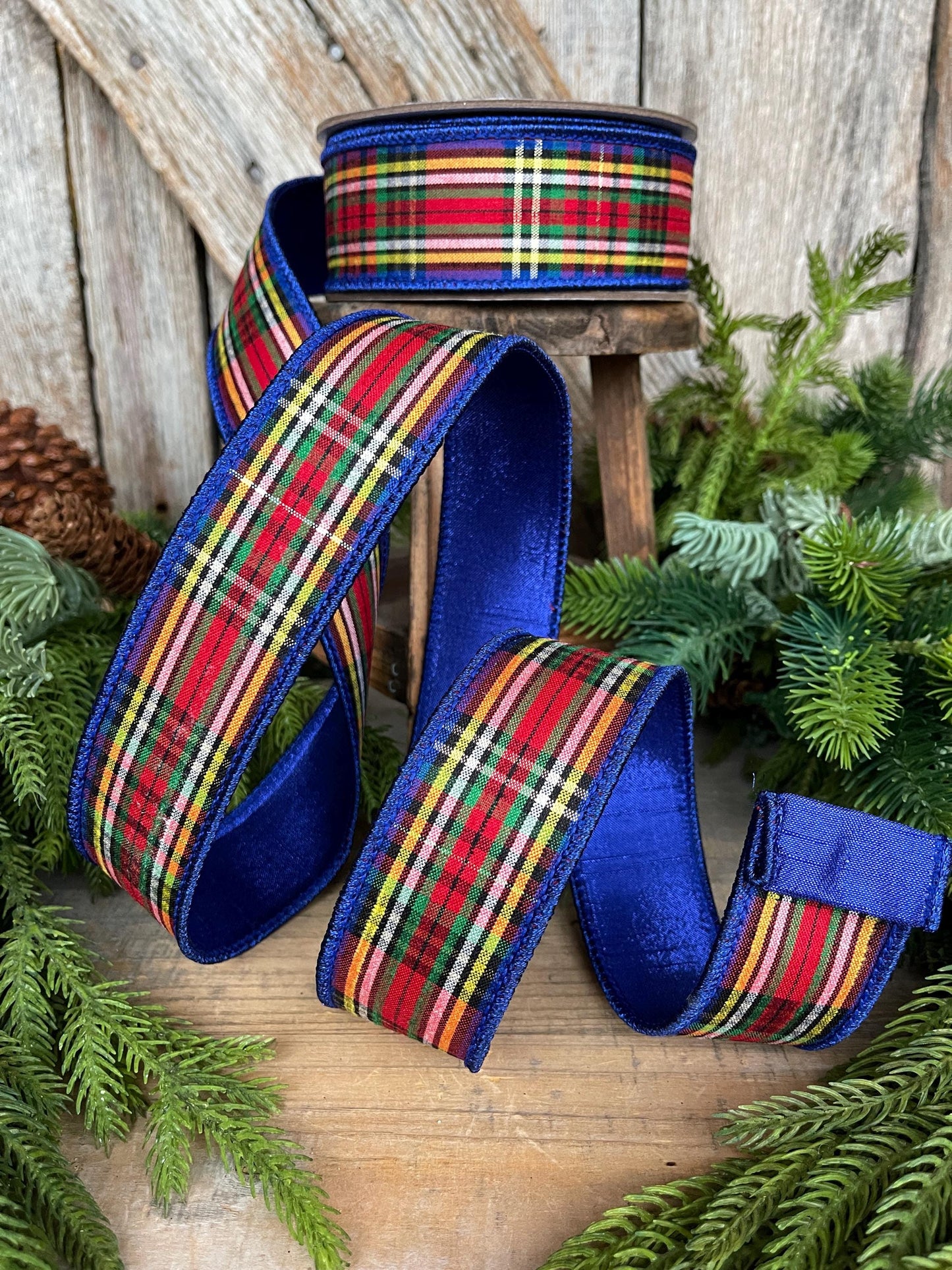 1.5" Blue Caroler Plaid RIbbon, Farrisilk Ribbon, Traditional Plaid RIbbon