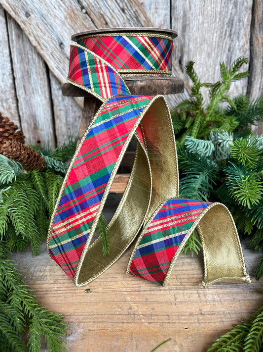1.5" Christmas Plaid Ribbon, Red Blue Plaid Ribbon, Tartan Plaid Ribbon, Yuletide Plaid Ribbon