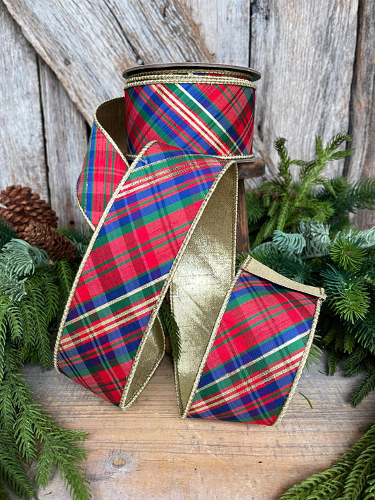 2.5" Christmas Plaid Ribbon, Red Blue Plaid Ribbon, Tartan Plaid Ribbon, Yuletide Plaid Ribbon