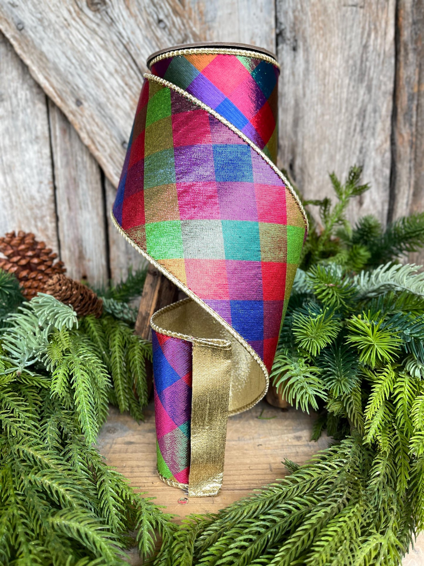 4" Color Checks Christmas RIbbon, Colorful Ribbon, Designer Ribbon, Red Metallic Checks Ribbon, Wired Ribbon, CHristmas Tree Ribbon, Red