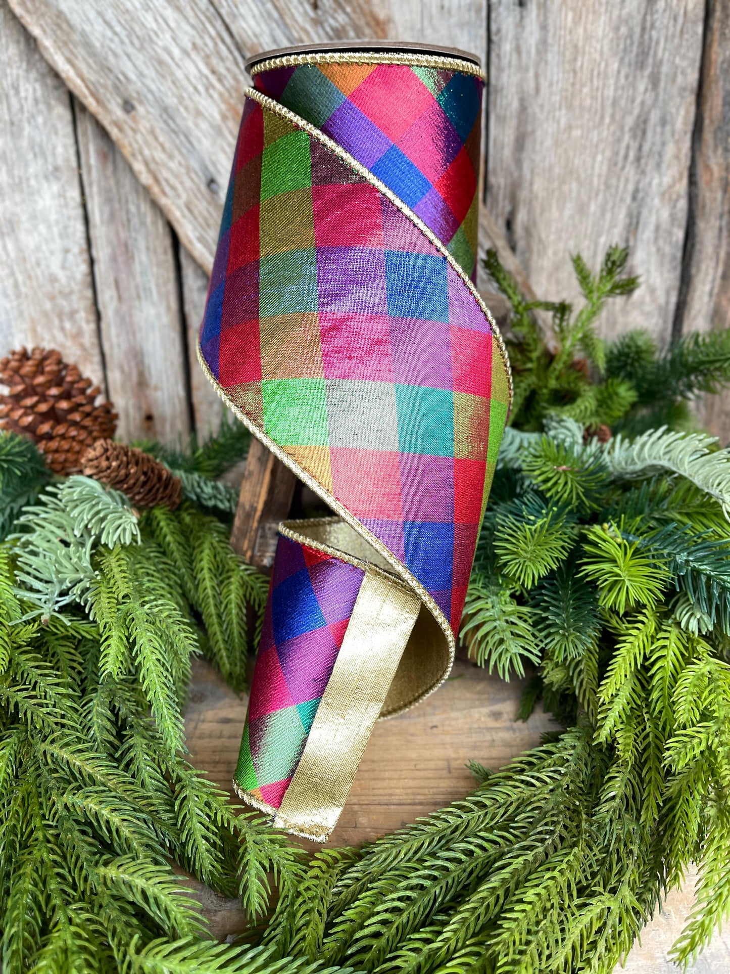 4" Color Checks Christmas RIbbon, Colorful Ribbon, Designer Ribbon, Red Metallic Checks Ribbon, Wired Ribbon, CHristmas Tree Ribbon, Red