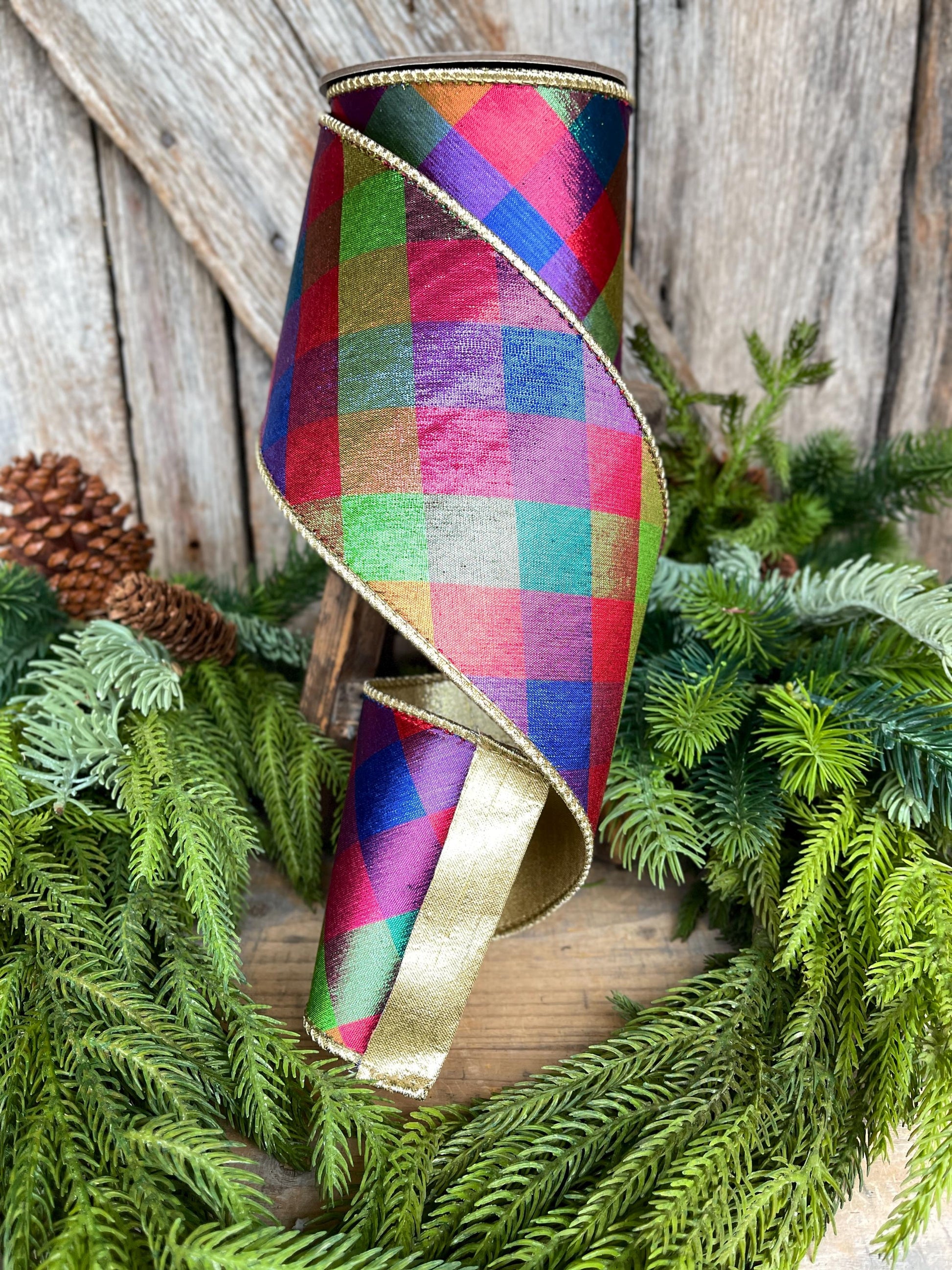 4" Color Checks Christmas RIbbon, Colorful Ribbon, Designer Ribbon, Red Metallic Checks Ribbon, Wired Ribbon, CHristmas Tree Ribbon, Red