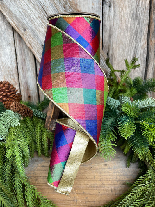 4" Color Checks Christmas RIbbon, Colorful Ribbon, Designer Ribbon, Red Metallic Checks Ribbon, Wired Ribbon, CHristmas Tree Ribbon, Red