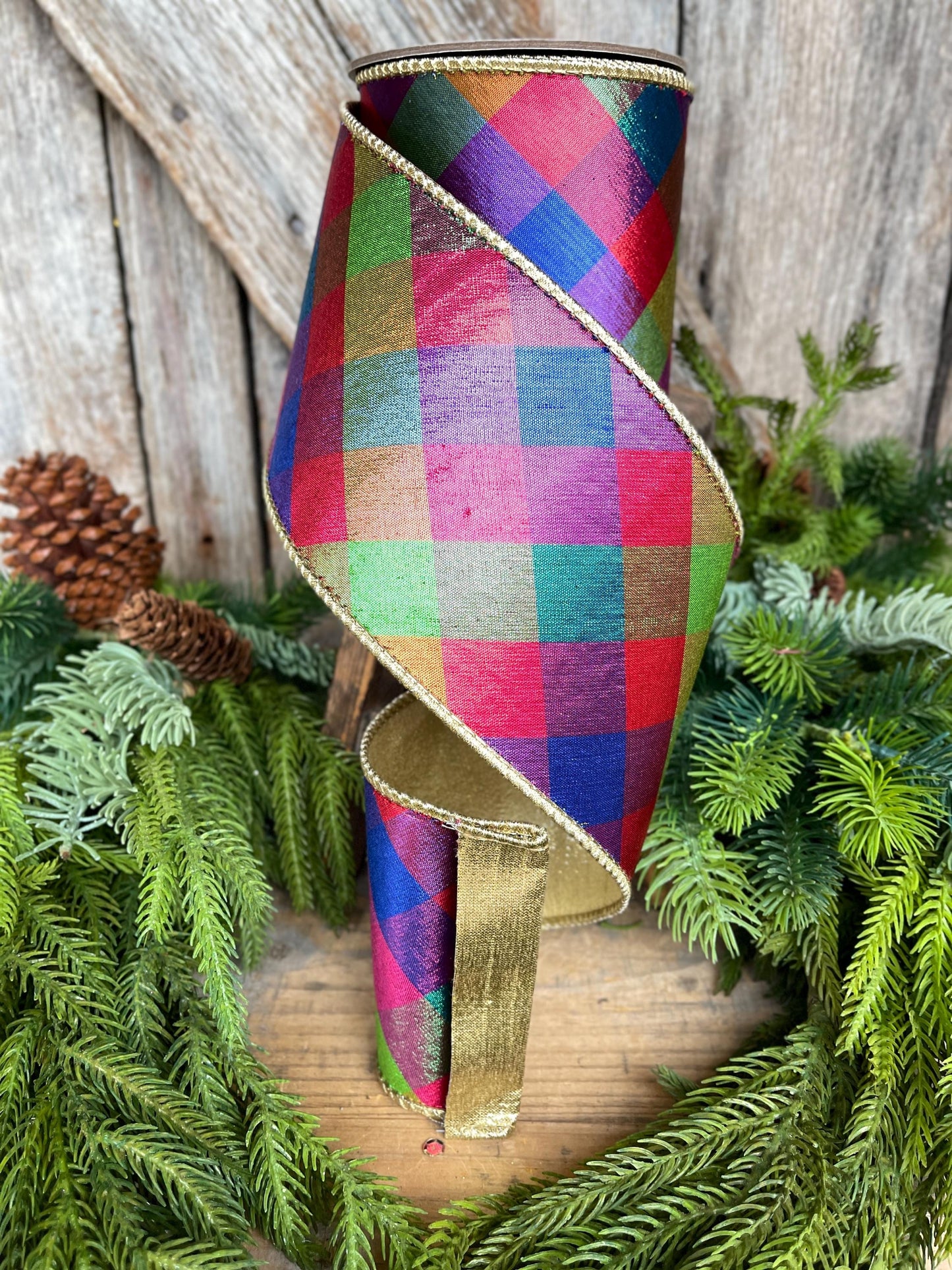 4" Color Checks Christmas RIbbon, Colorful Ribbon, Designer Ribbon, Red Metallic Checks Ribbon, Wired Ribbon, CHristmas Tree Ribbon, Red