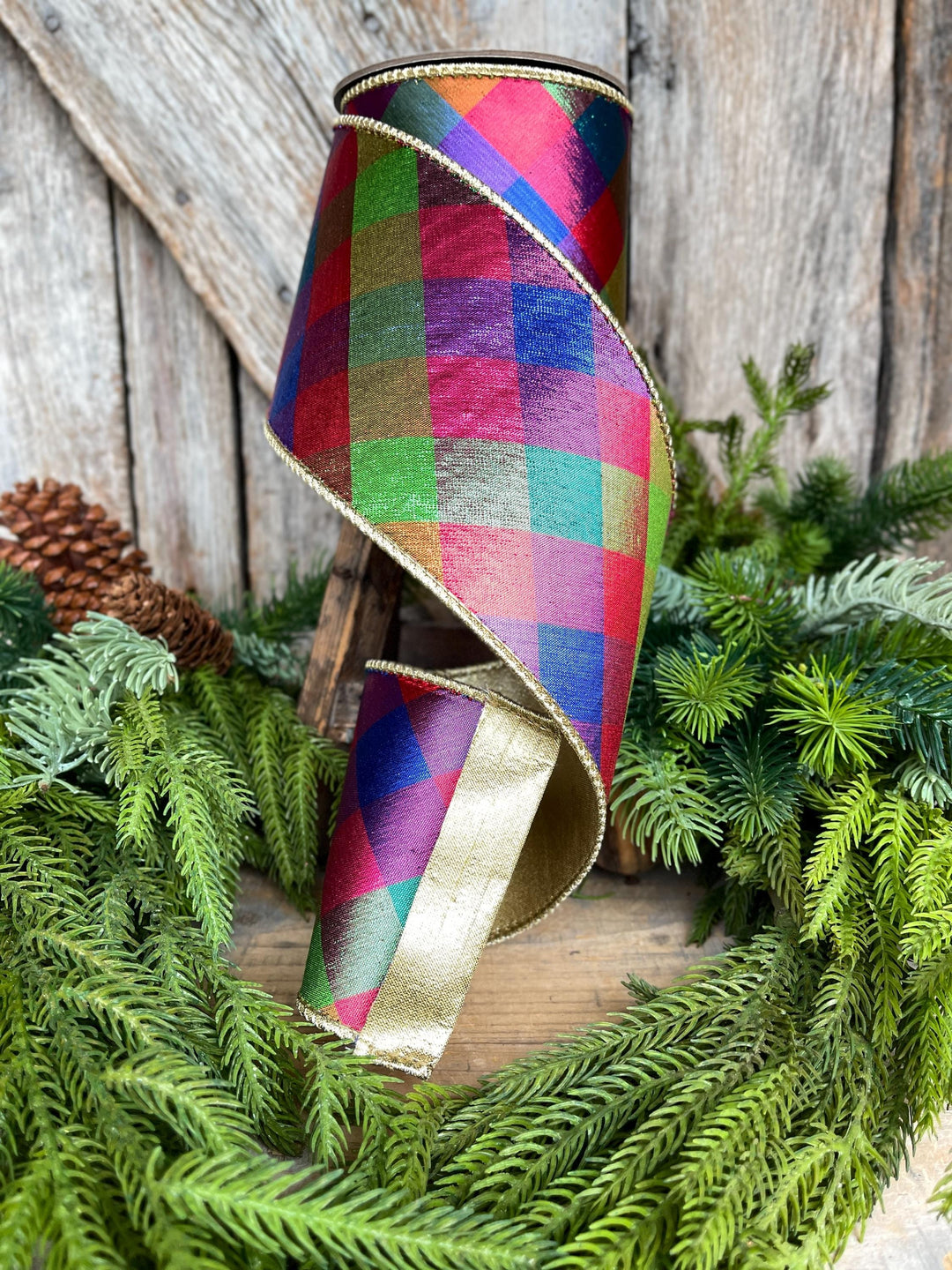 4" Color Checks Christmas RIbbon, Colorful Ribbon, Designer Ribbon