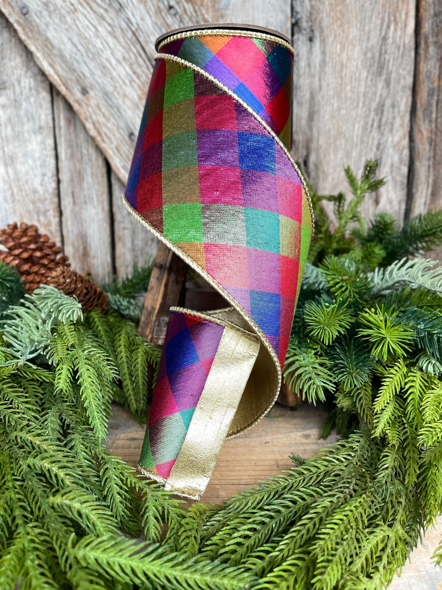 4" Color Checks Christmas RIbbon, Colorful Ribbon, Designer Ribbon, Red Metallic Checks Ribbon, Wired Ribbon, CHristmas Tree Ribbon, Red