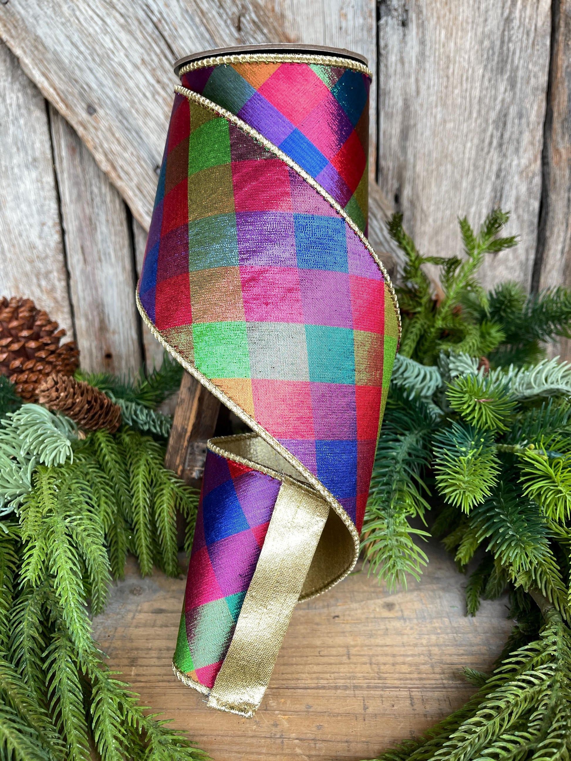 4" Color Checks Christmas RIbbon, Colorful Ribbon, Designer Ribbon, Red Metallic Checks Ribbon, Wired Ribbon, CHristmas Tree Ribbon, Red