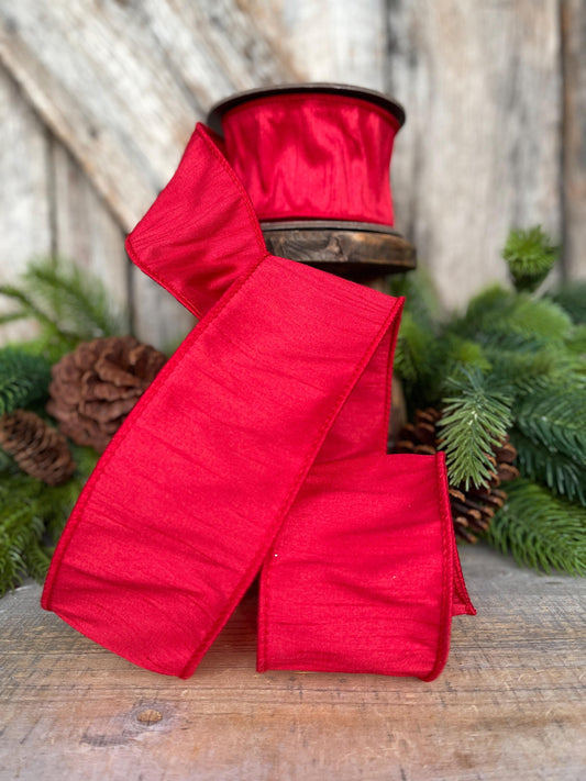2.5" Red Dupion Ribbon, Red Ribbon, Christmas Ribbon, Wide Ribbon, Wreath Supply