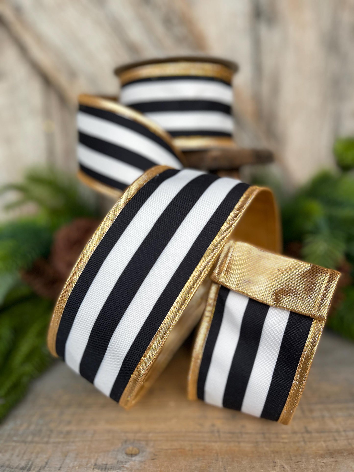2.5 Black White Stripe Ribbon, Black White Gold Ribbon, Christmas Ribbon