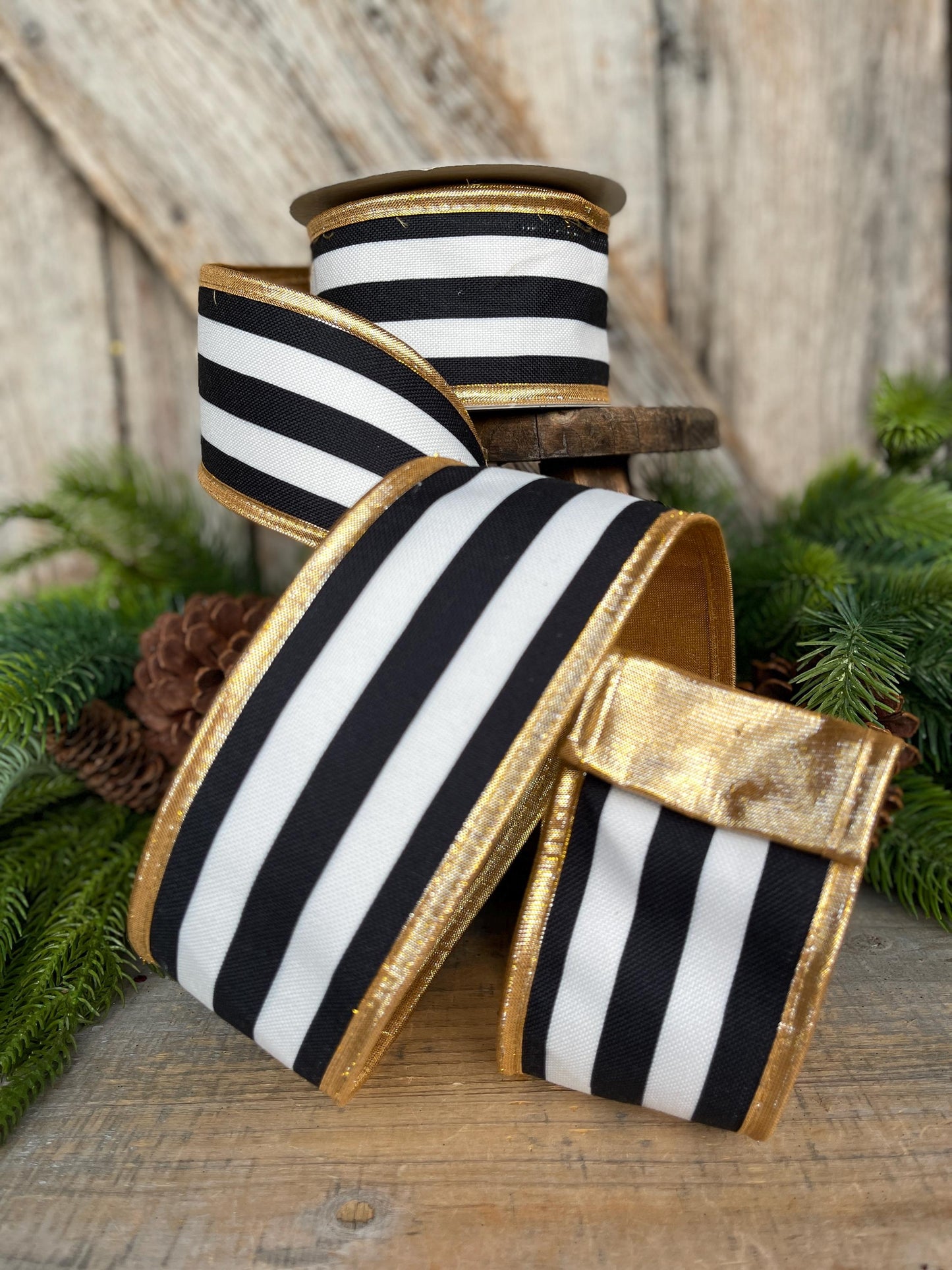 2.5 Black White Stripe Ribbon, Black White Gold Ribbon, Christmas Ribbon