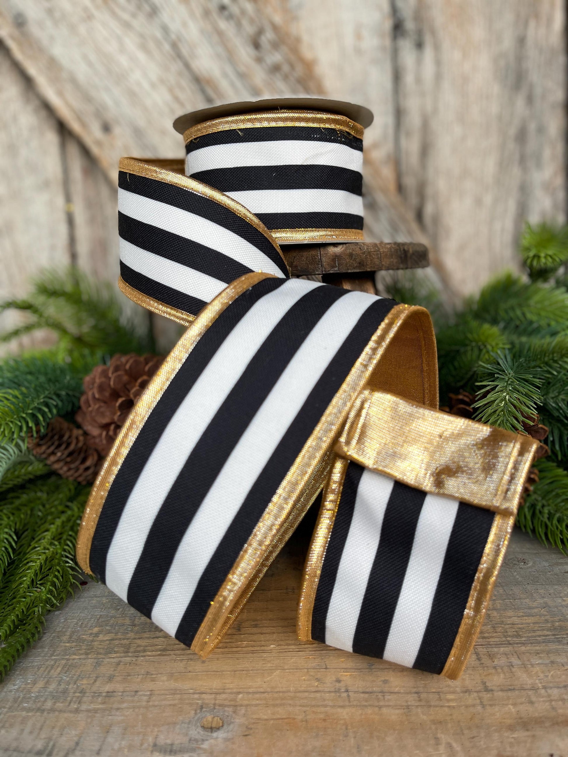 2.5 Black White Stripe Ribbon, Black White Gold Ribbon, Christmas Ribbon