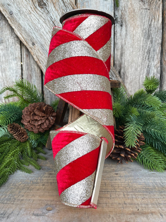4" Red Gold Ribbon Diagonal Stripe, Christmas Tree Ribbon, Red Velvet Ribbon