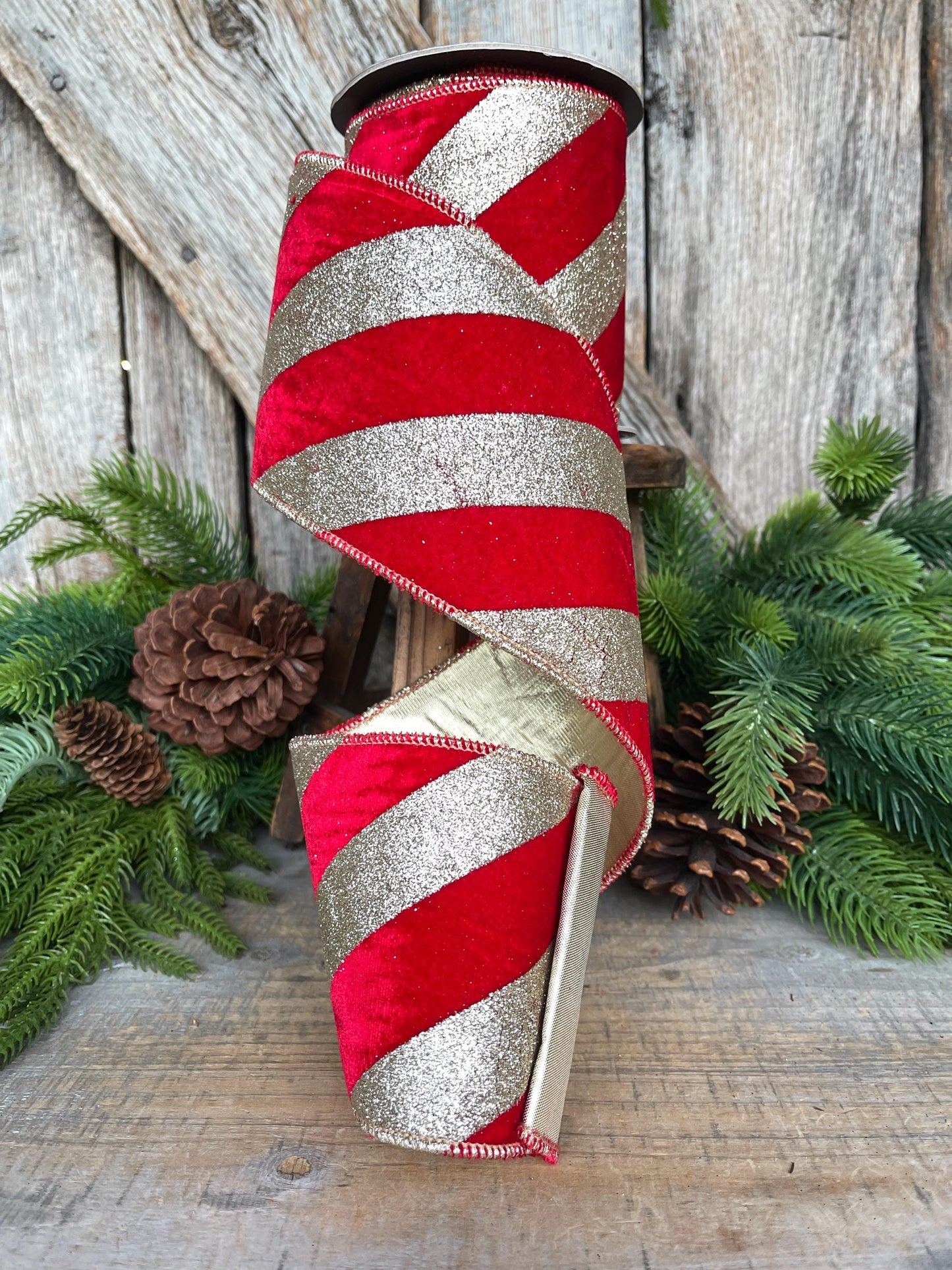 4" Red Gold Ribbon Diagonal Stripe, Christmas Tree Ribbon, Red Velvet Ribbon