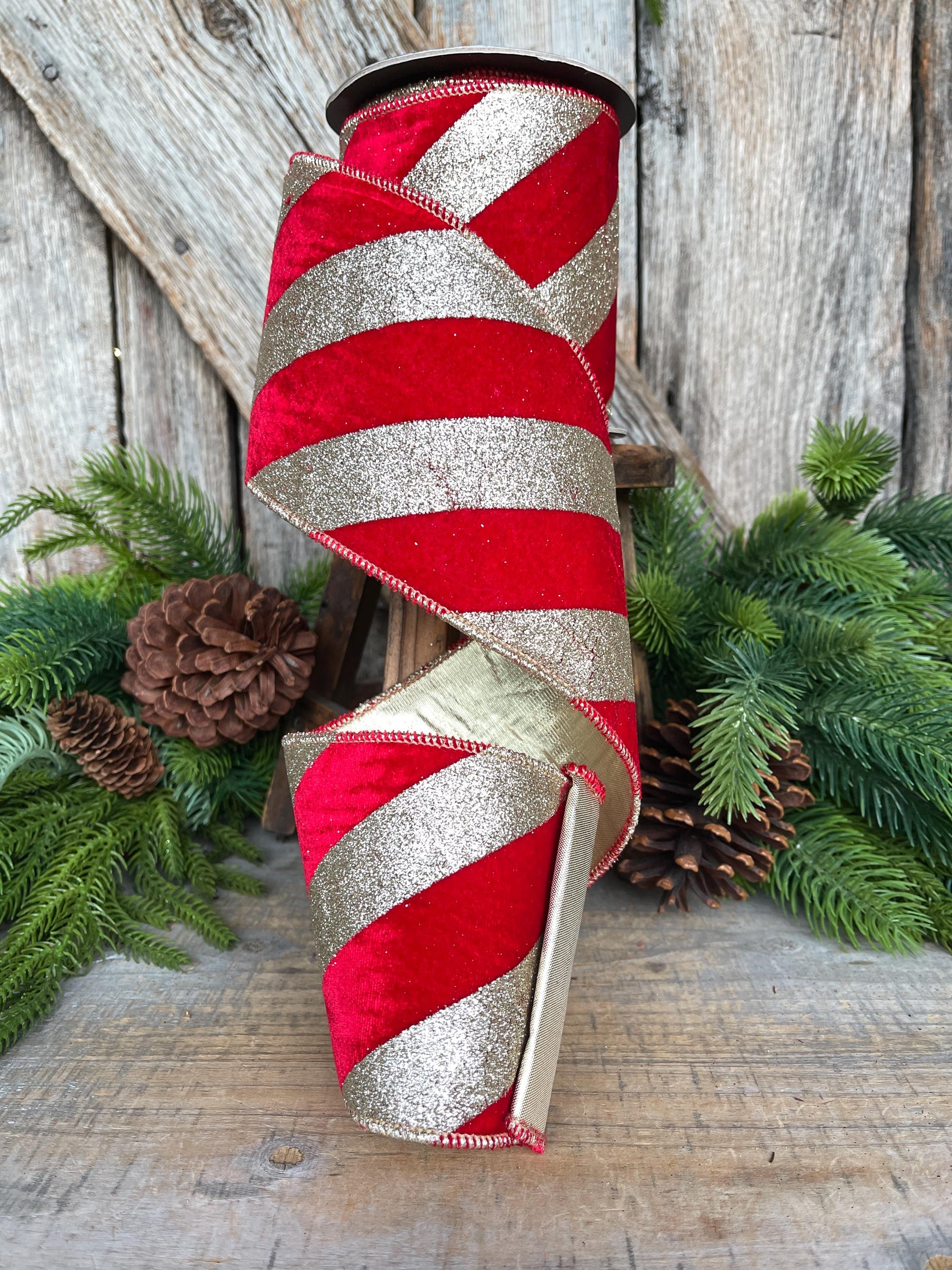 4" Red Gold Ribbon Diagonal Stripe, Christmas Tree Ribbon, Red Velvet Ribbon