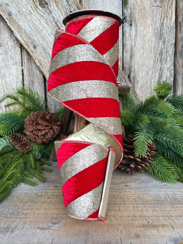 4" Red Gold Ribbon Diagonal Stripe, Christmas Tree Ribbon, Red Velvet Ribbon