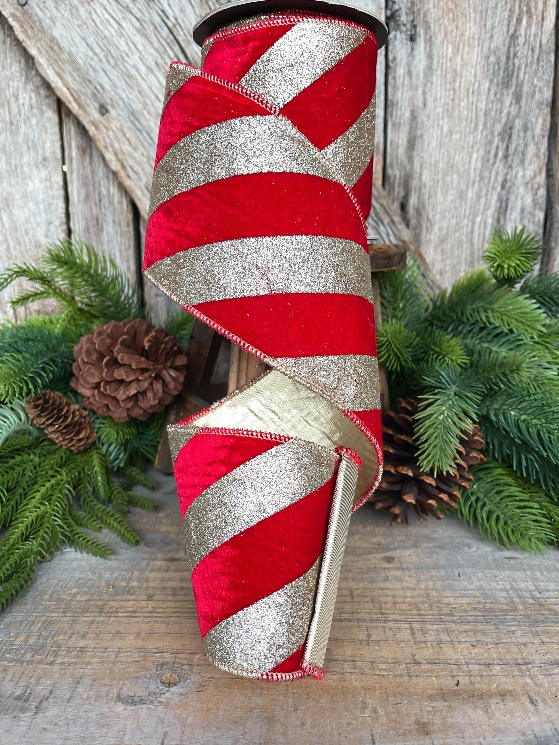 4" Red Gold Ribbon Diagonal Stripe, Christmas Tree Ribbon, Red Velvet Ribbon