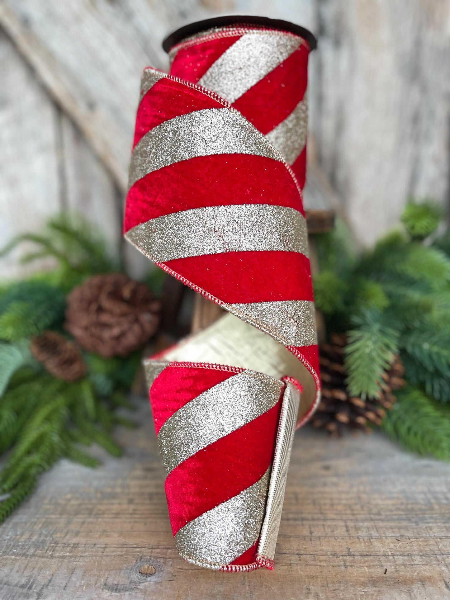 4" Red Gold Ribbon Diagonal Stripe, Christmas Tree Ribbon, Red Velvet Ribbon