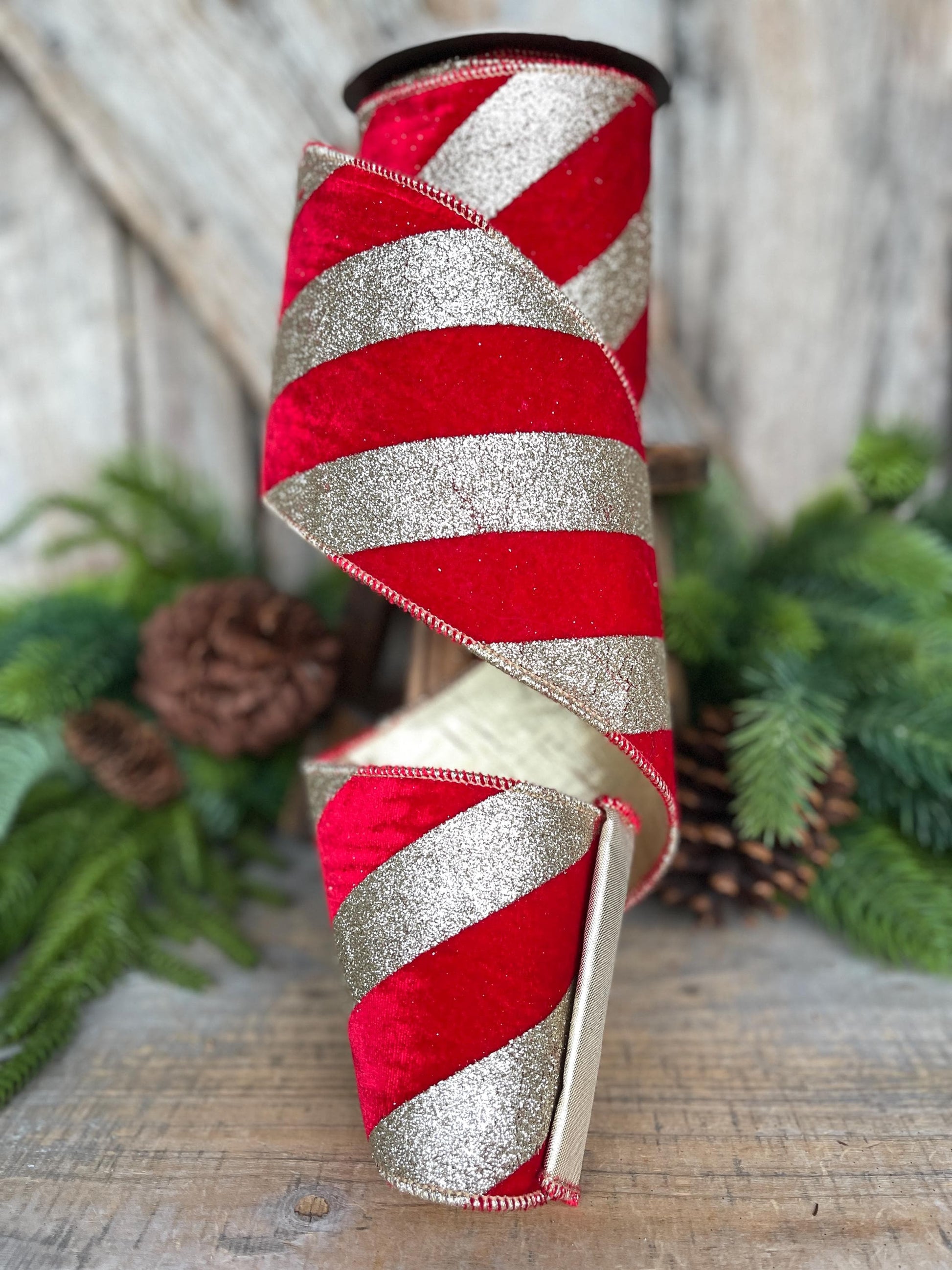 4" Red Gold Ribbon Diagonal Stripe, Christmas Tree Ribbon, Red Velvet Ribbon