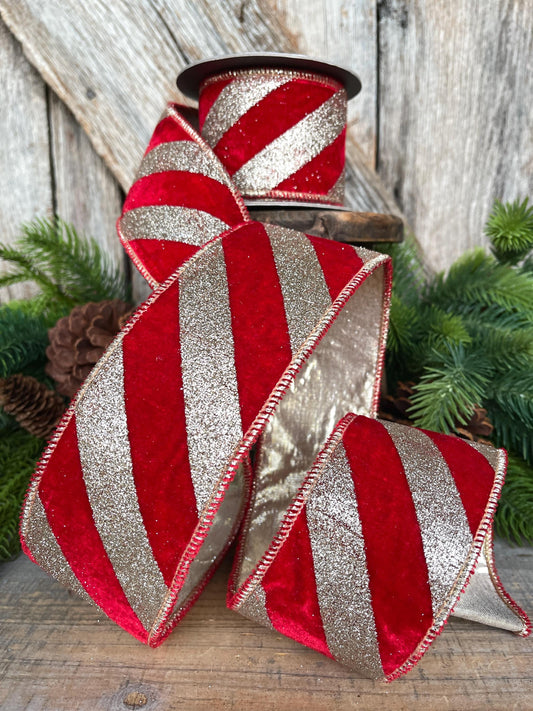 2.5" Red Gold Ribbon Diagonal Stripe, Christmas Tree Ribbon, Red Velvet Ribbon
