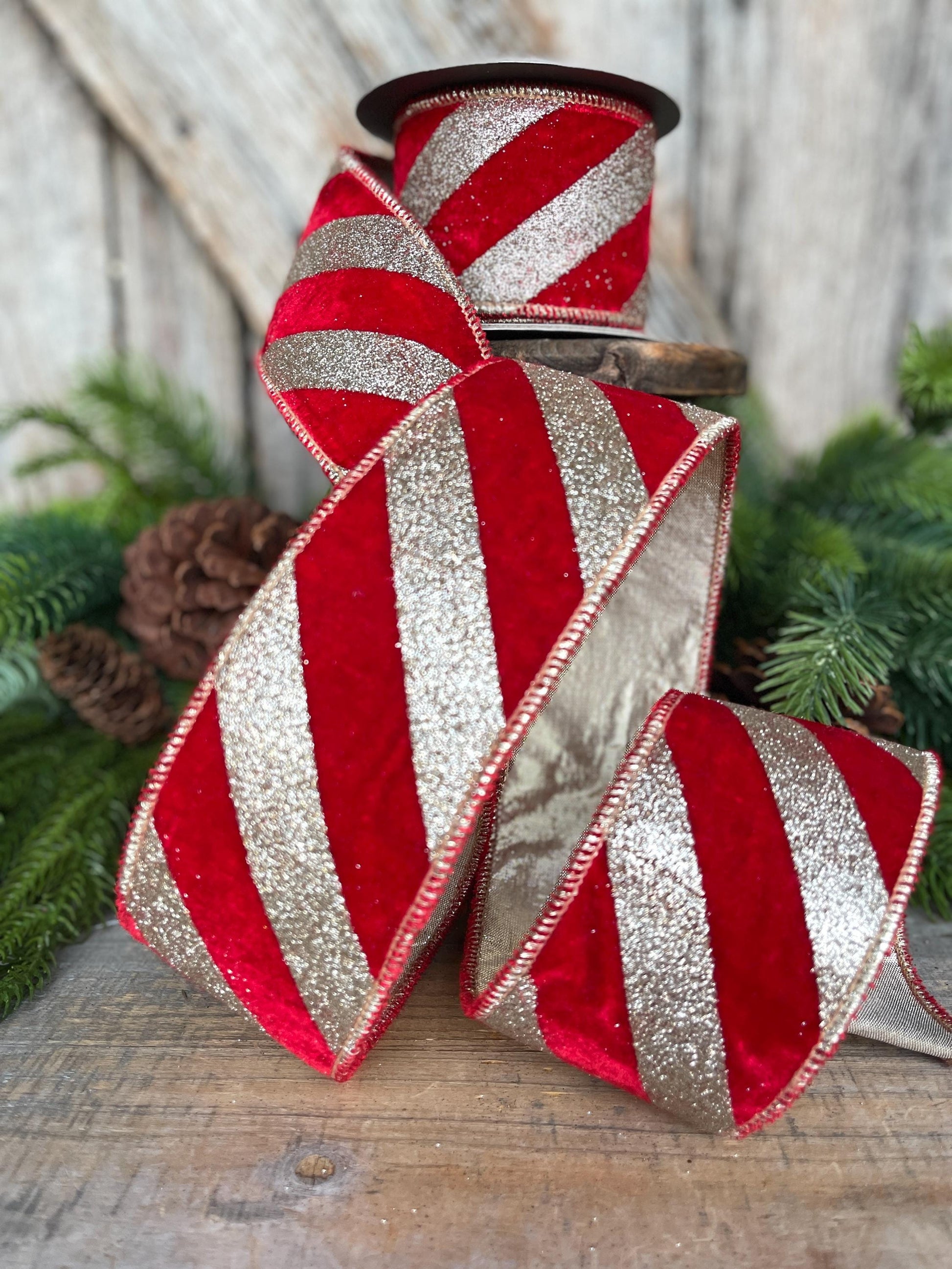 2.5" Red Gold Ribbon Diagonal Stripe, Christmas Tree Ribbon, Red Velvet Ribbon