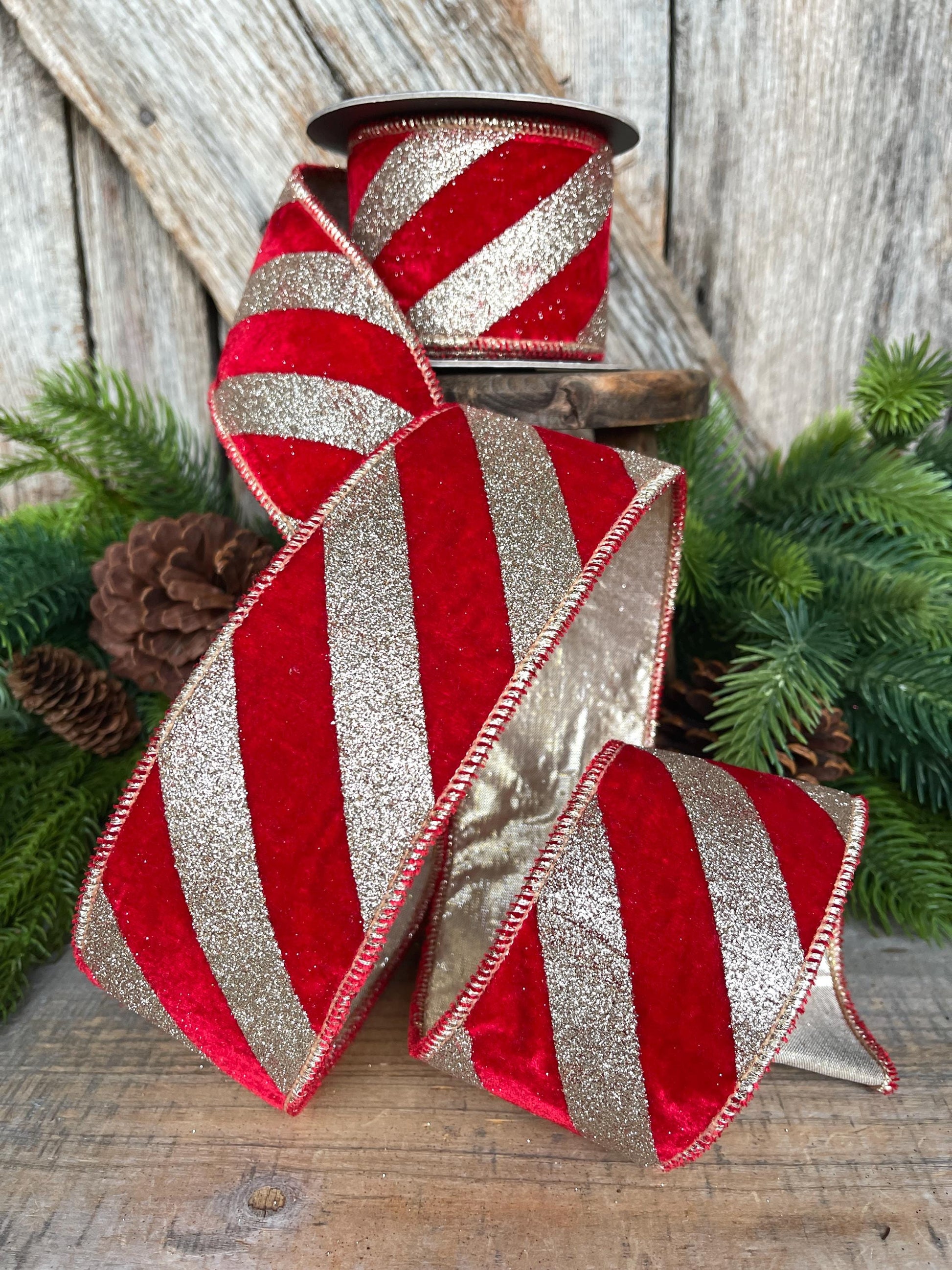 2.5" Red Gold Ribbon Diagonal Stripe, Christmas Tree Ribbon, Red Velvet Ribbon