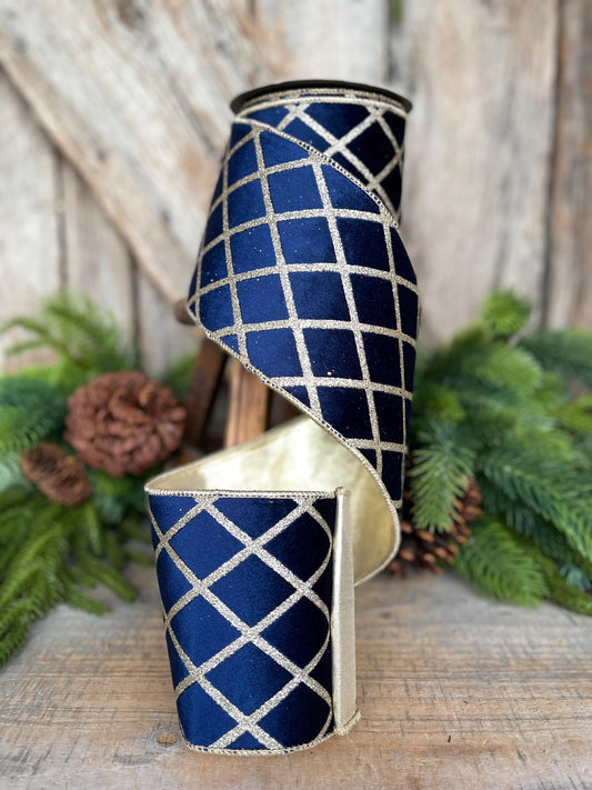Navy Blue Gold Lattice Ribbon, Navy Blue Gold Lattice Ribbon Christmas Tree & Holiday Decor
