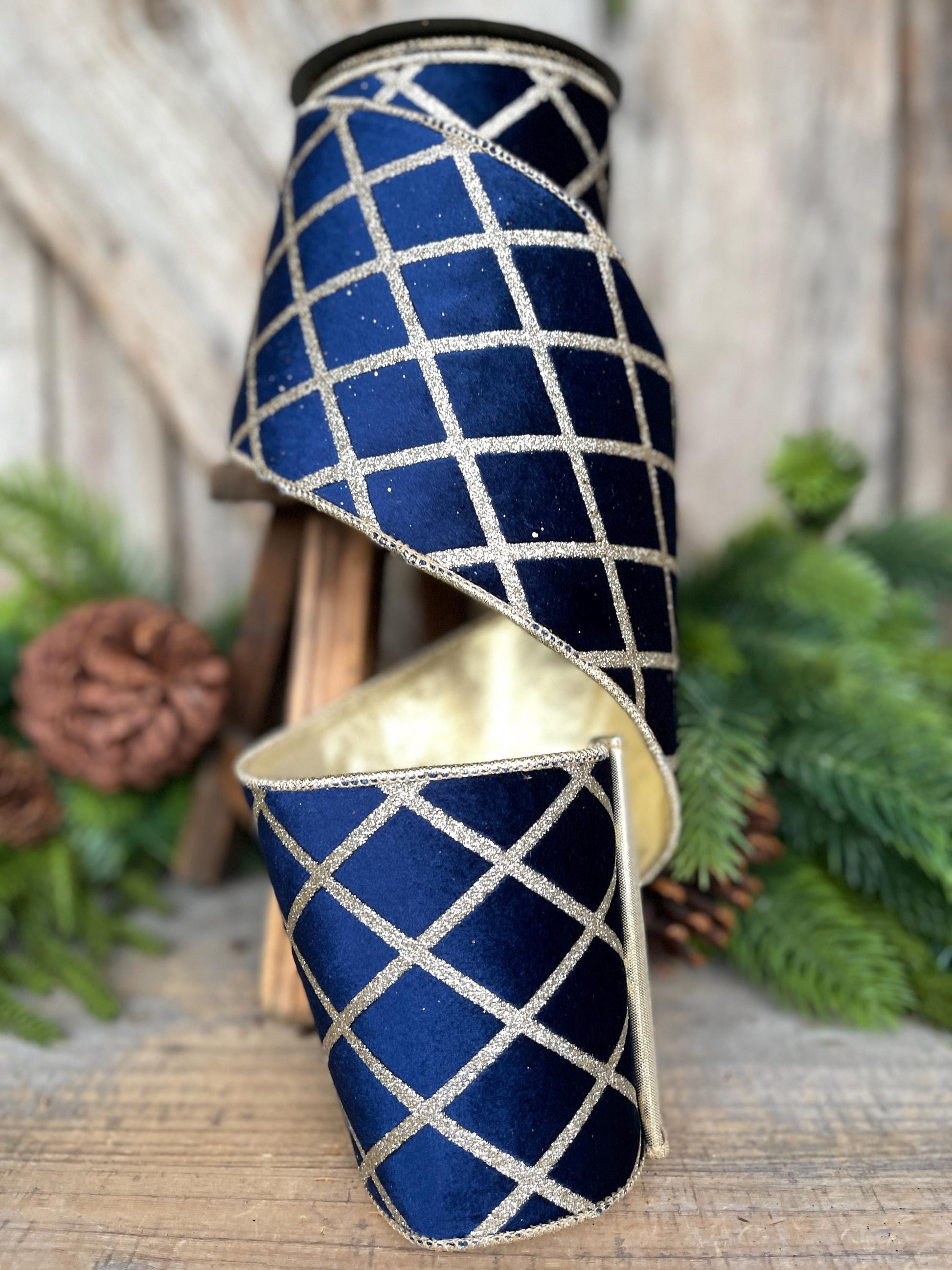 Navy Blue Gold Lattice Ribbon, Navy Blue Gold Lattice Ribbon Christmas Tree & Holiday Decor