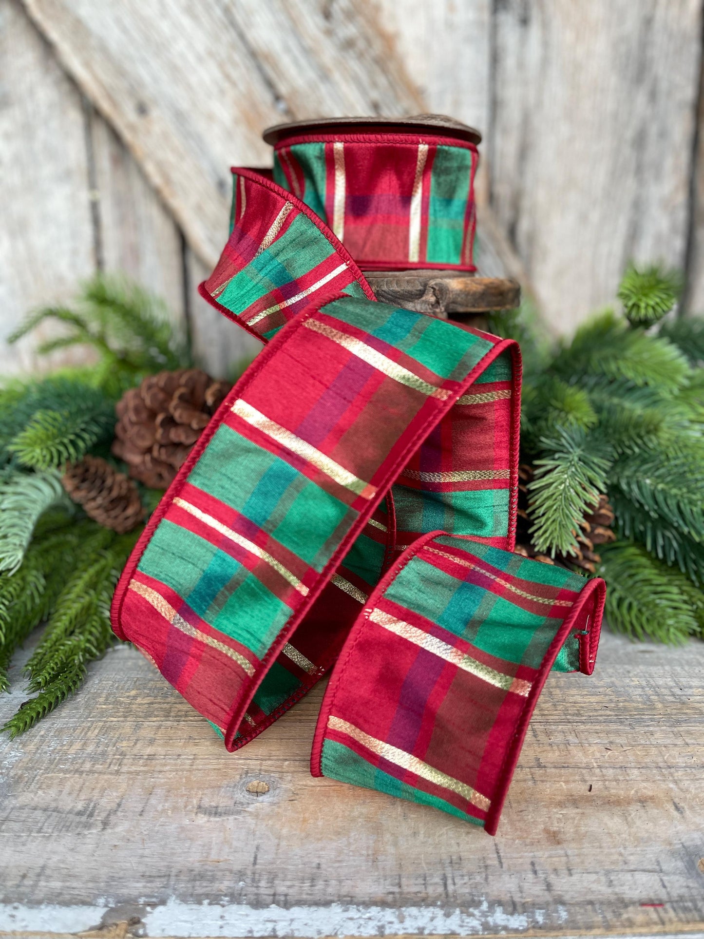 2.5" Christmas Plaid Ribbon, Red Green Gold Plaid Ribbon, Traditional Christmas Ribbon, Wired RIbbon, Classic Christmas Plaid Ribbon