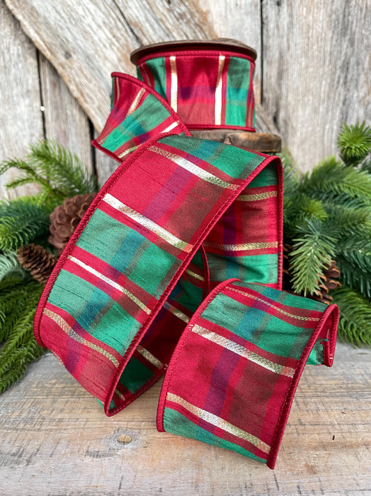 2.5" Christmas Plaid Ribbon, Red Green Gold Plaid Ribbon, Traditional Christmas Ribbon, Wired RIbbon, Classic Christmas Plaid Ribbon
