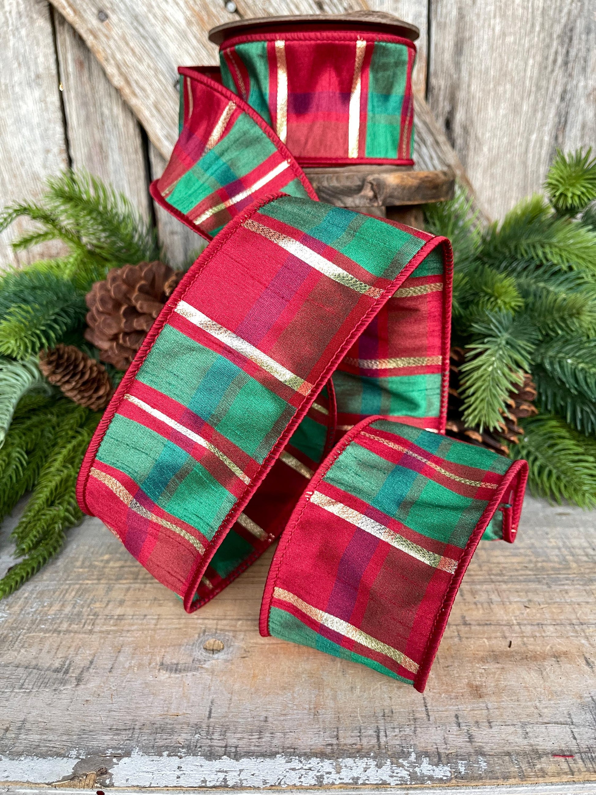 2.5" Christmas Plaid Ribbon, Red Green Gold Plaid Ribbon, Traditional Christmas Ribbon, Wired RIbbon, Classic Christmas Plaid Ribbon