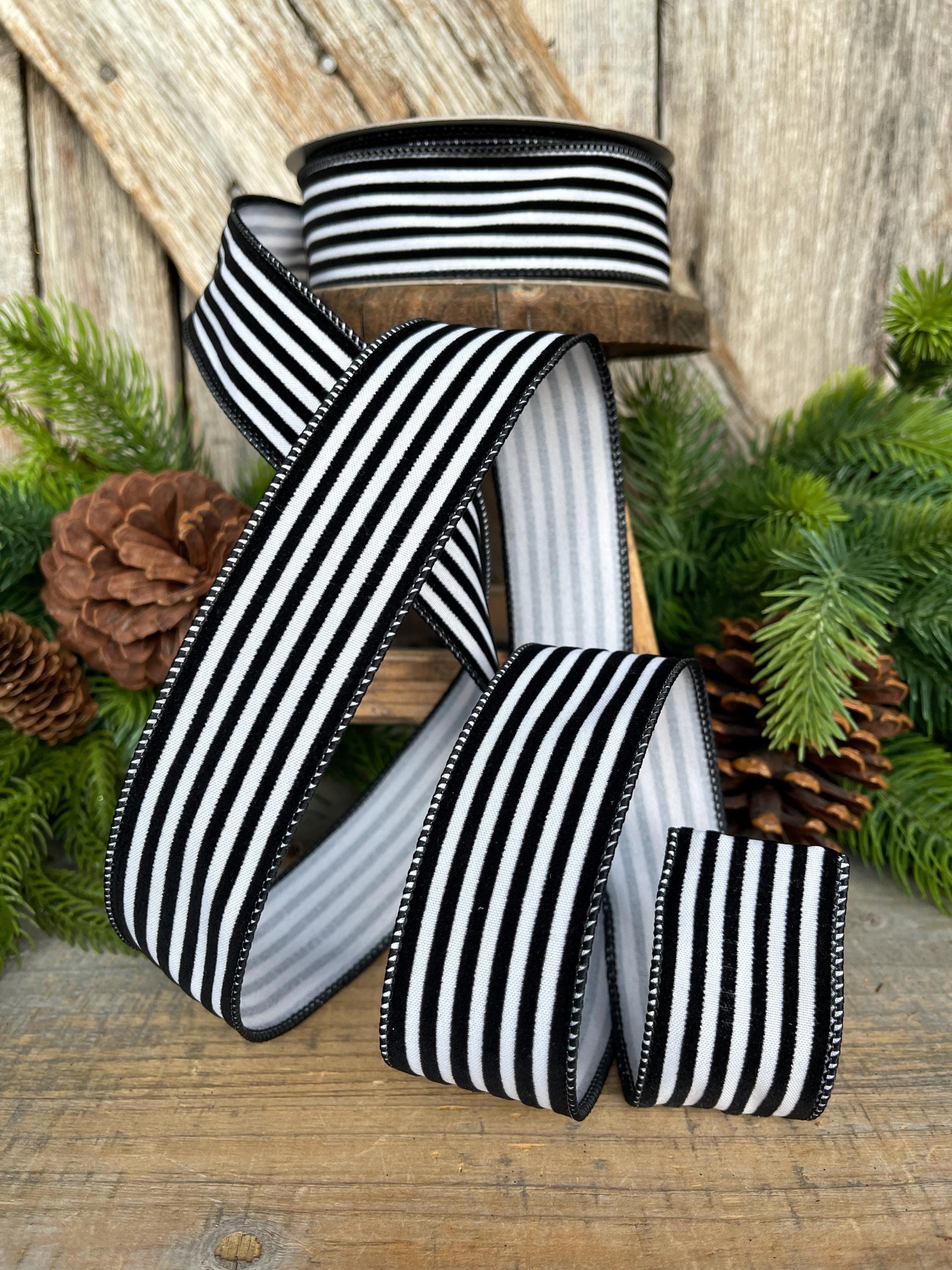 1.5" Black White Stripes Ribbon, Farrisilk Ribbon, Designer Ribbon, Christmas Ribbon, Wired RIbbon, Wreath supply, RS109-92