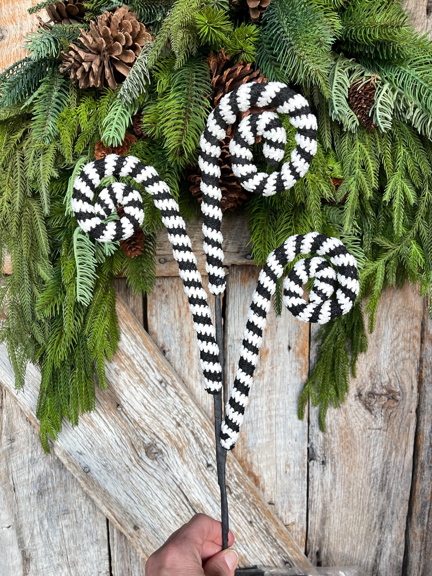 27" Black White Striped Curly Spray, Halloween Spray, Floral Spray