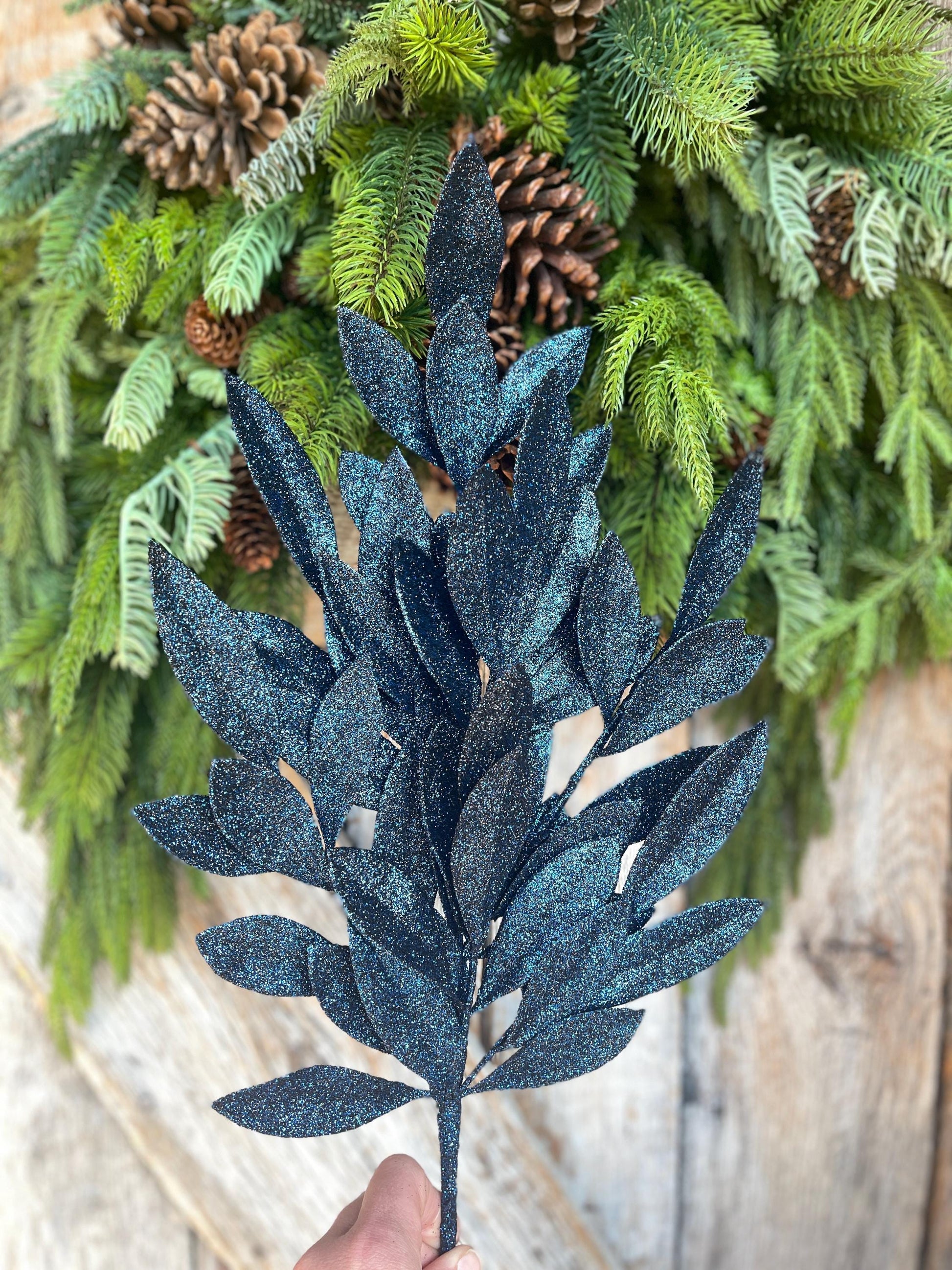 23" Navy Blue Bay Leaf Glitter Spray, Burgundy Blue Spray, Christmas Leaf Spray