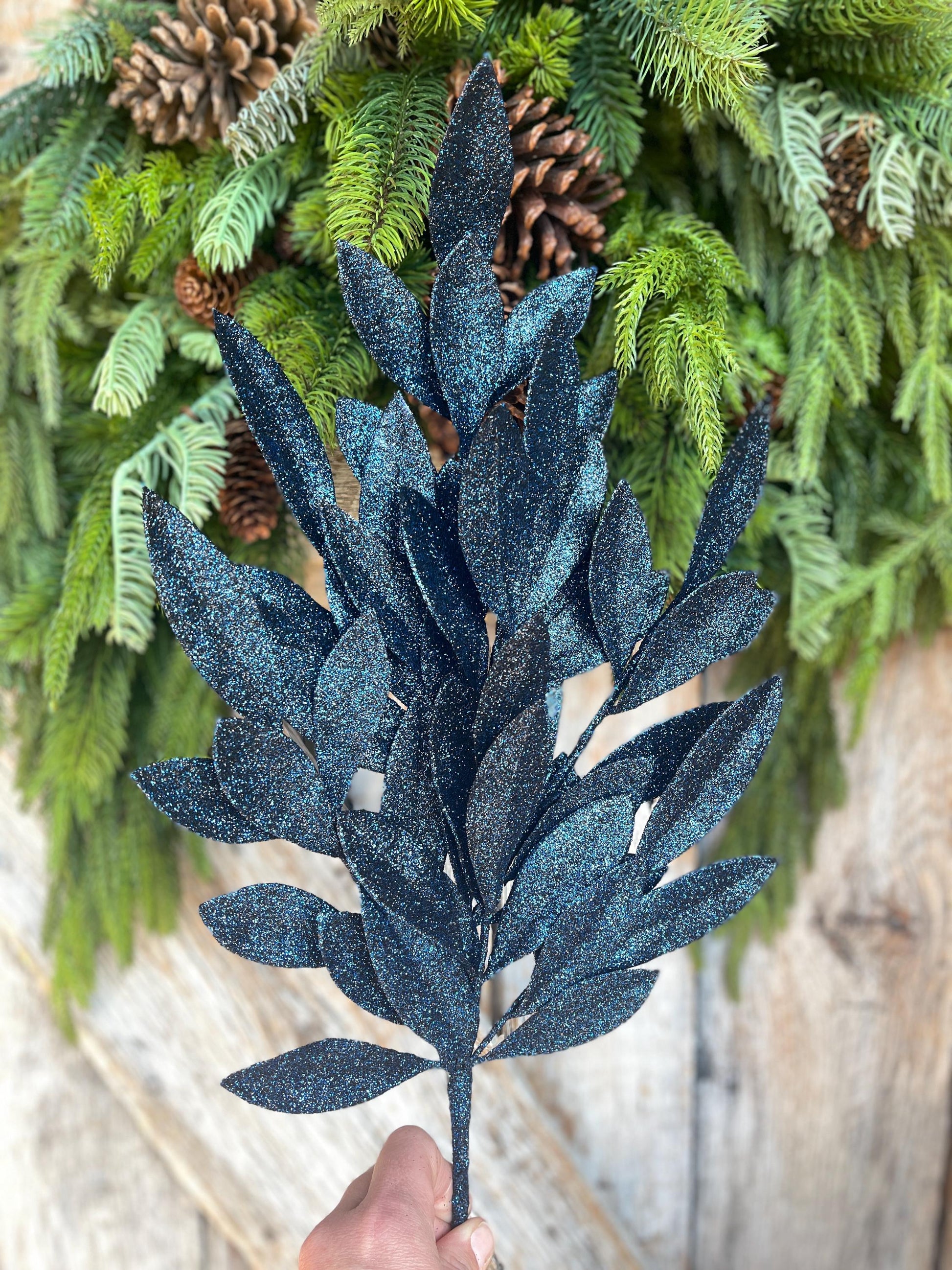 23" Navy Blue Bay Leaf Glitter Spray, Burgundy Blue Spray, Christmas Leaf Spray