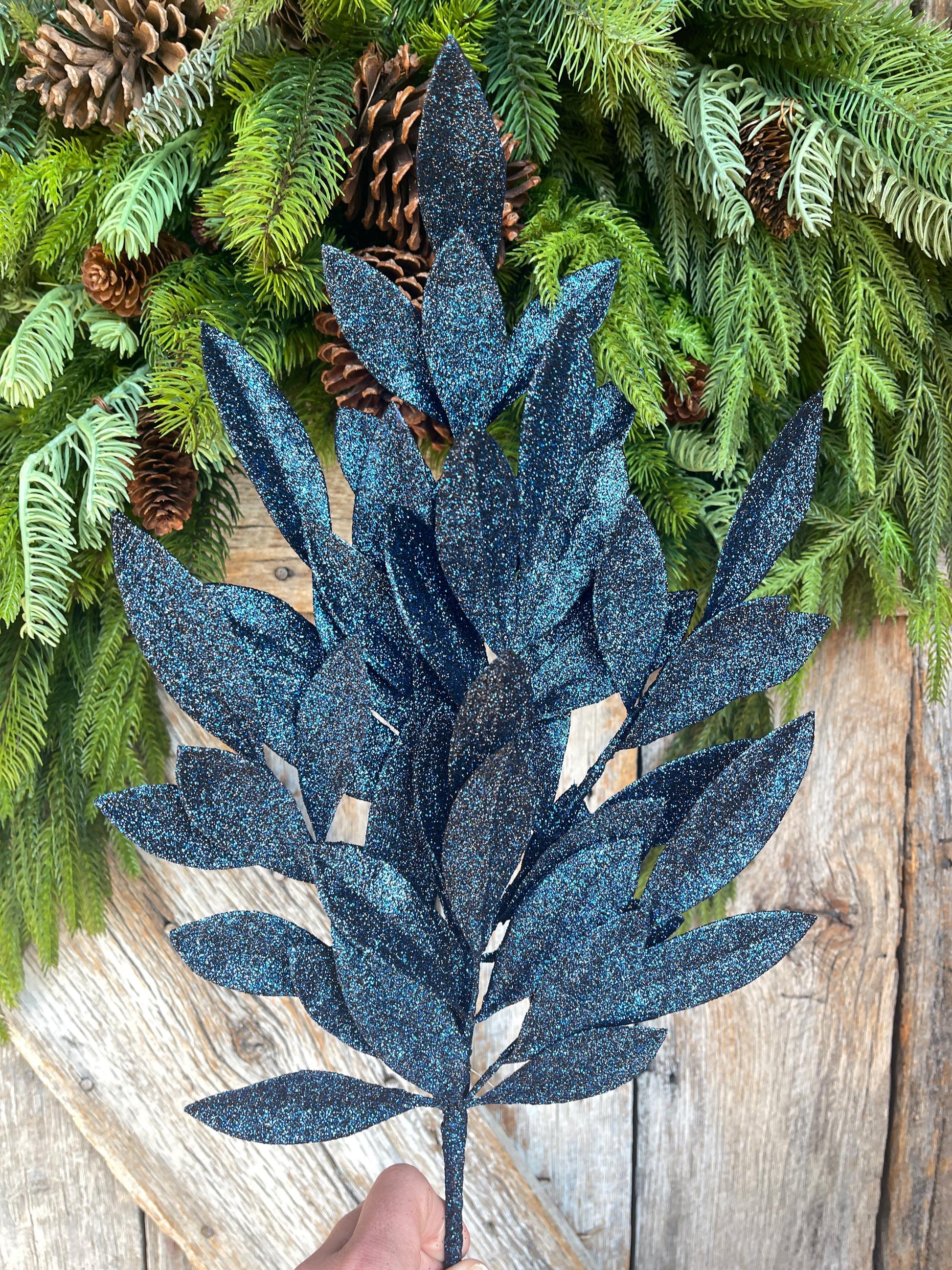 23" Navy Blue Bay Leaf Glitter Spray, Burgundy Blue Spray, Christmas Leaf Spray