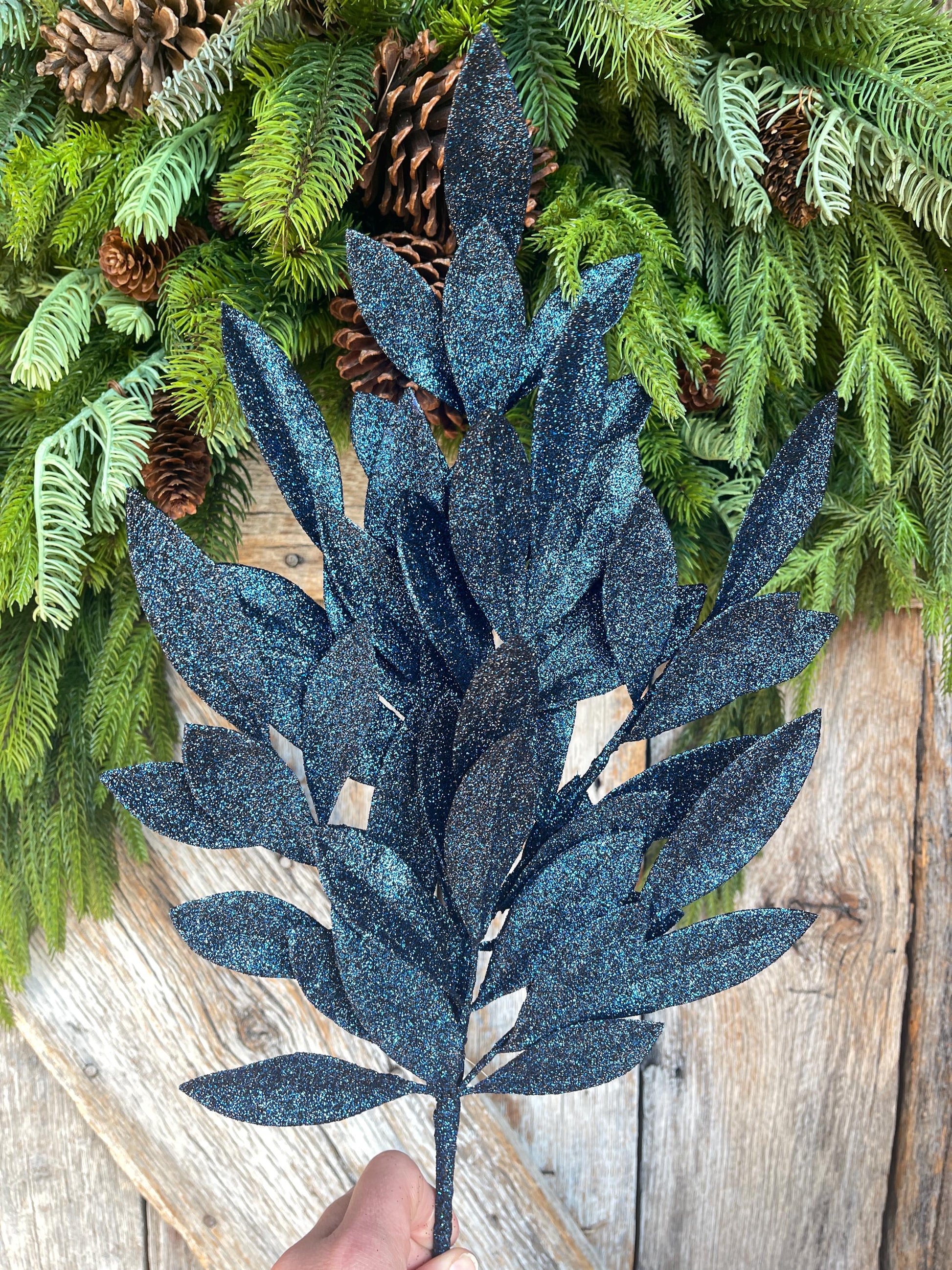 23" Navy Blue Bay Leaf Glitter Spray, Burgundy Blue Spray, Christmas Leaf Spray