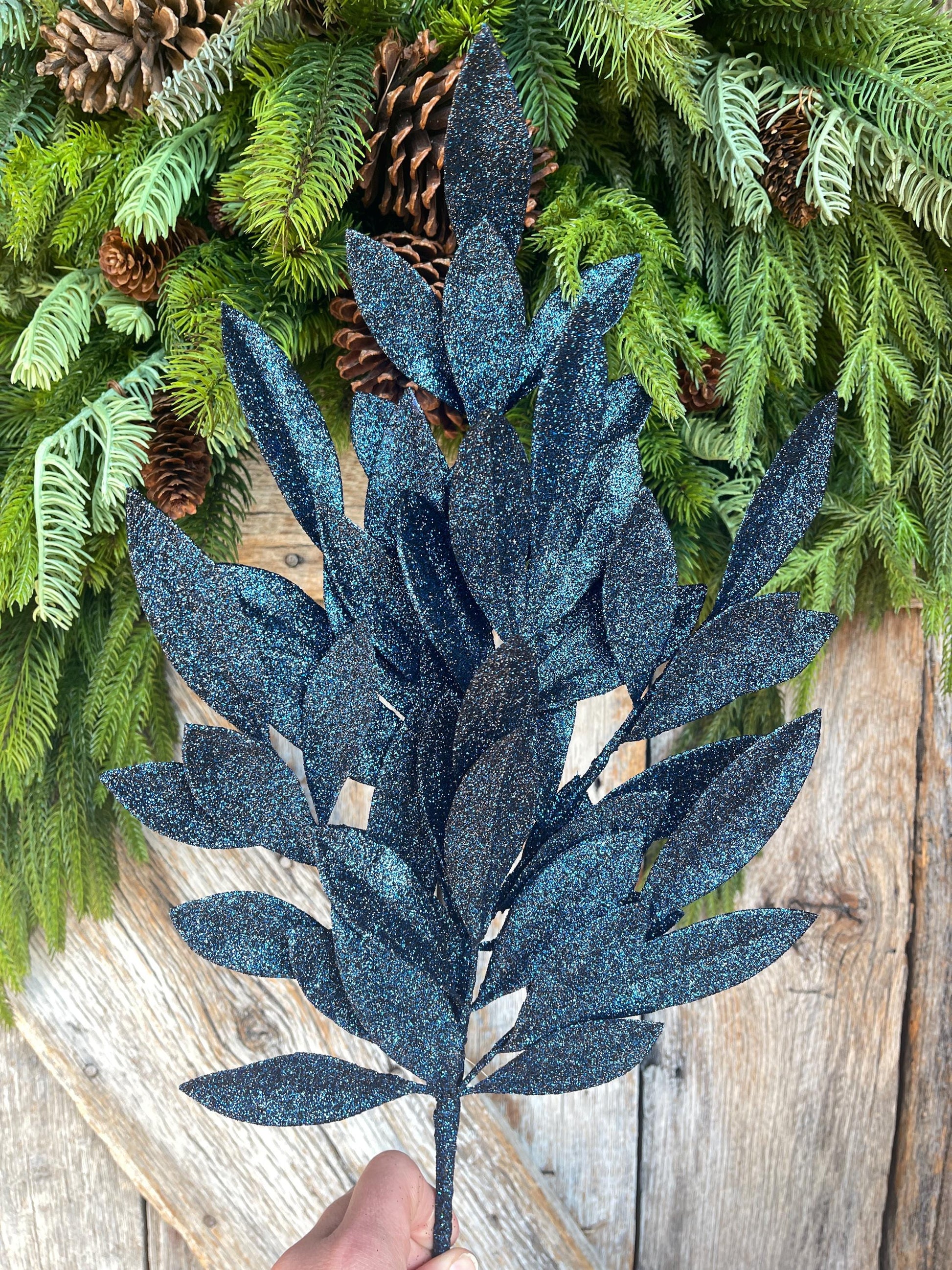 23" Navy Blue Bay Leaf Glitter Spray, Burgundy Blue Spray, Christmas Leaf Spray