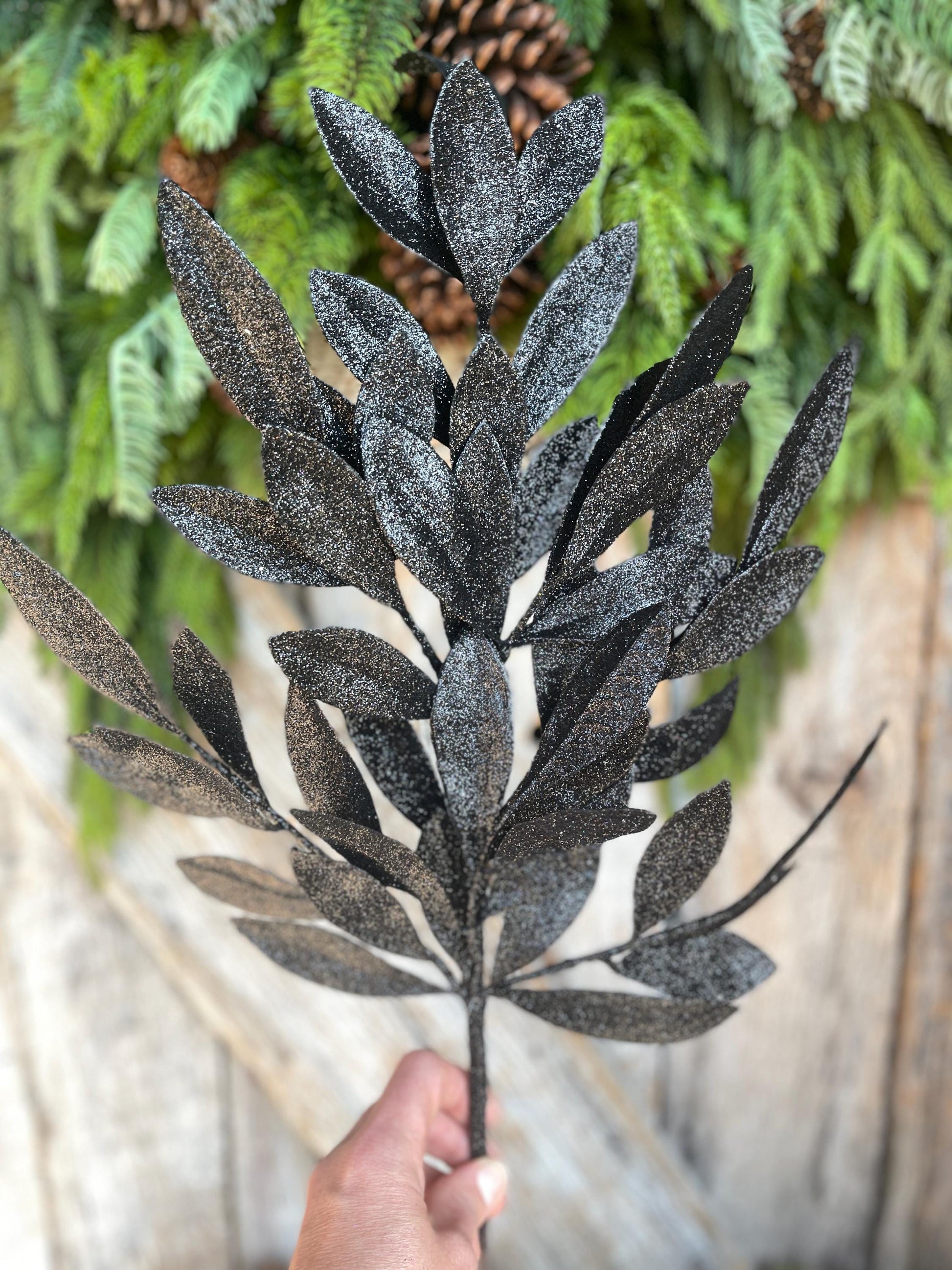 23" Black Bay Leaf Glitter Spray, Black Glitter Spray, Christmas Leaf Spray