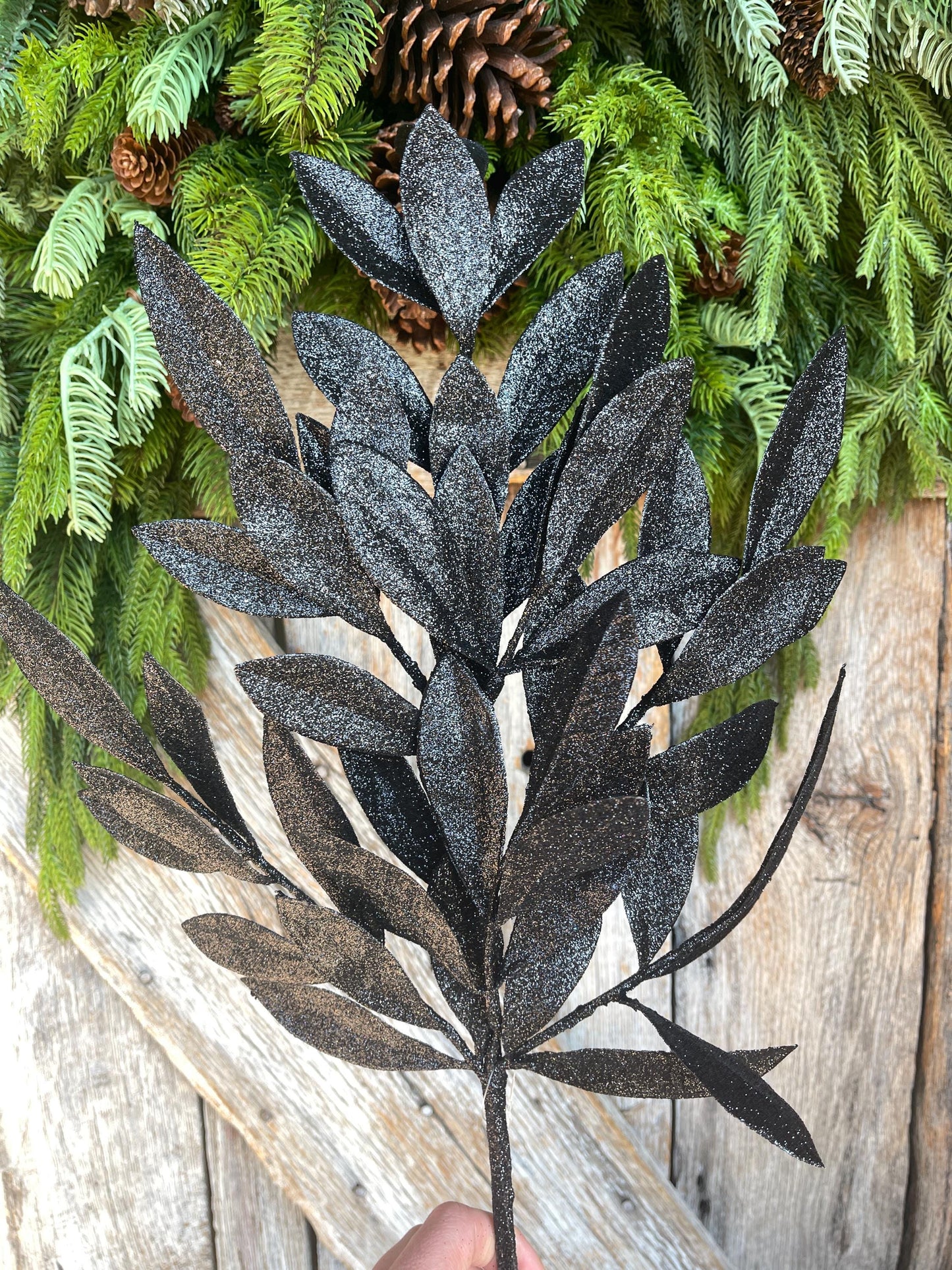 23" Black Bay Leaf Glitter Spray, Black Glitter Spray, Christmas Leaf Spray