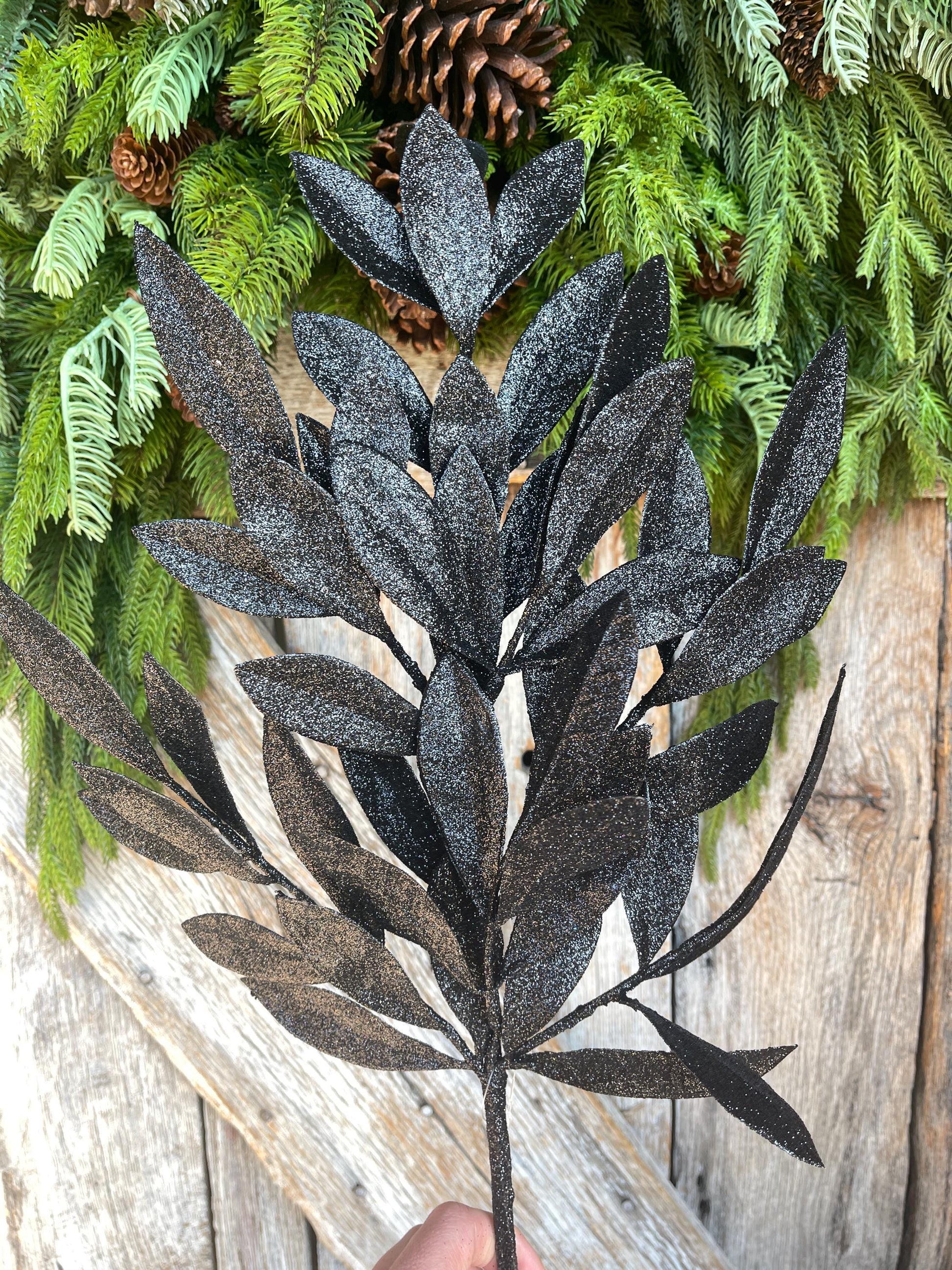 23" Black Bay Leaf Glitter Spray, Black Glitter Spray, Christmas Leaf Spray