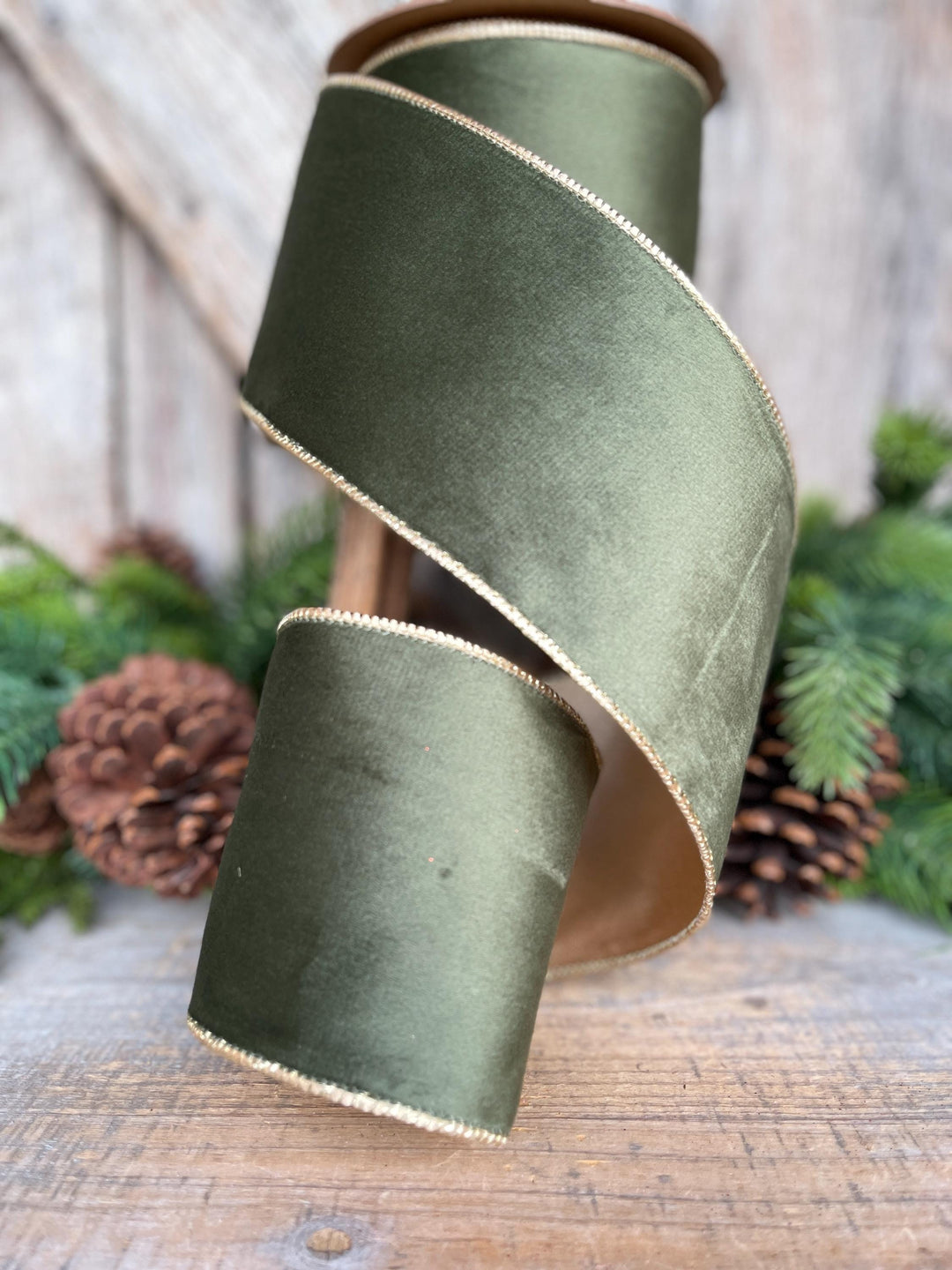 4" Forest Green Velvet Ribbon, Moss Green &amp; Gold Velvet Ribbon, Christmas RIbbon