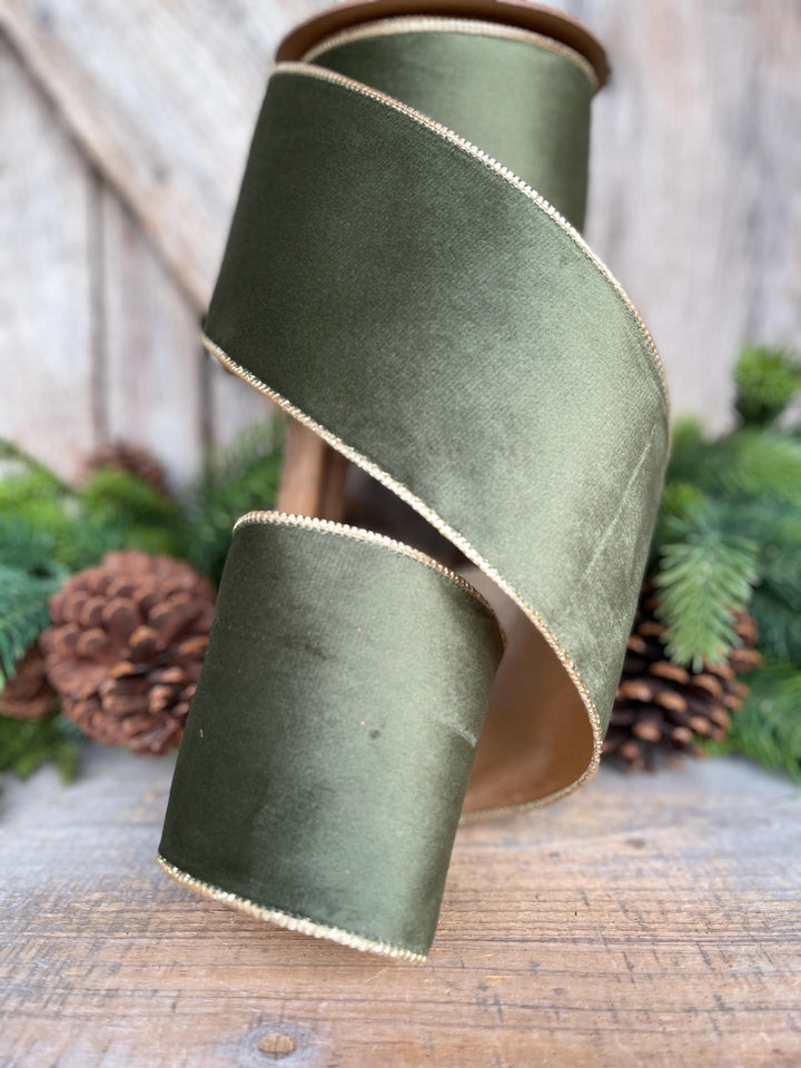4" Forest Green Velvet Ribbon, Moss Green &amp; Gold Velvet Ribbon, Christmas RIbbon